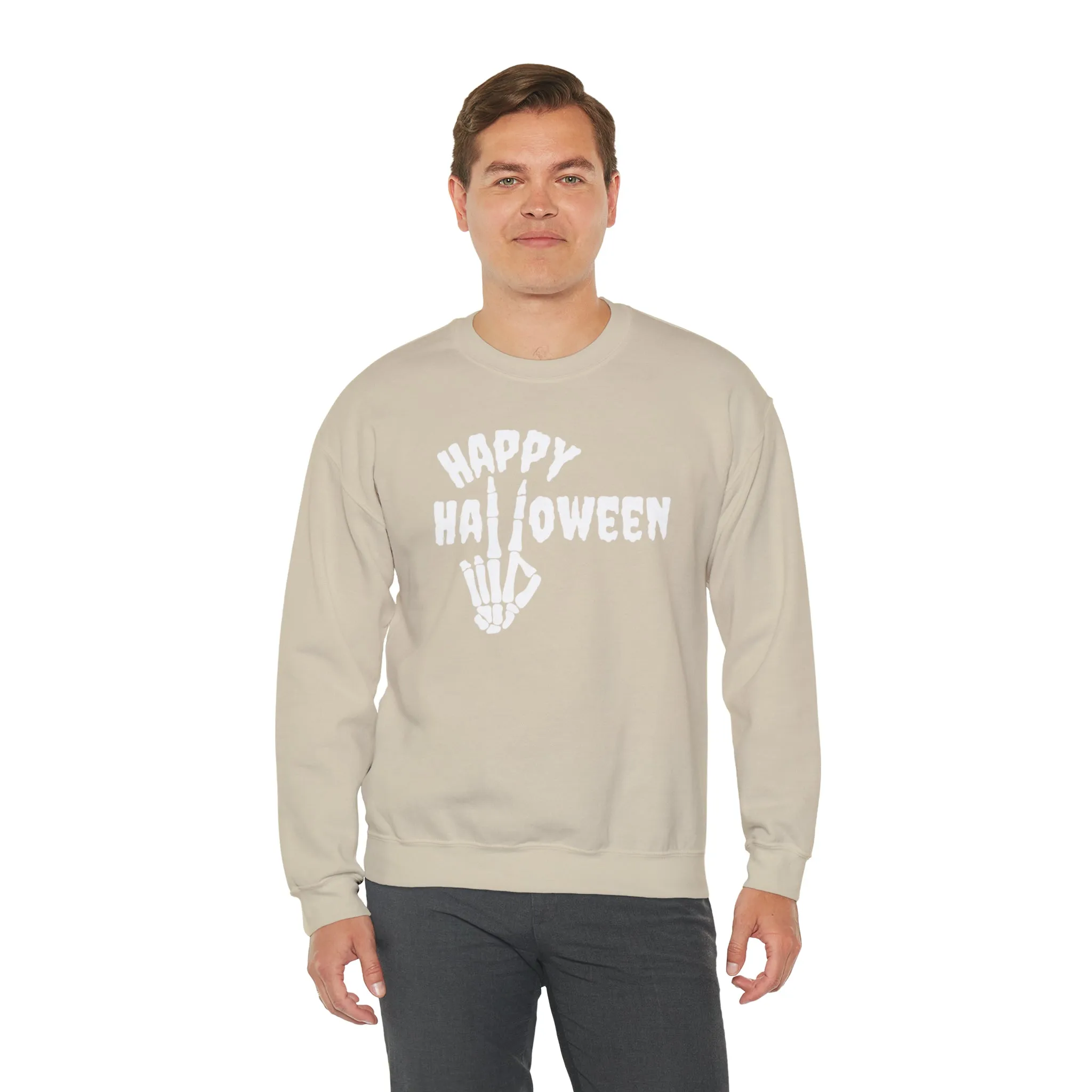 Happy Halloween Skeleton Sweatshirt, Scary Peace Pullover, Creepy Halloween Crewneck Sweatshirt, Unisex Heavy Blend Sweatshirt
