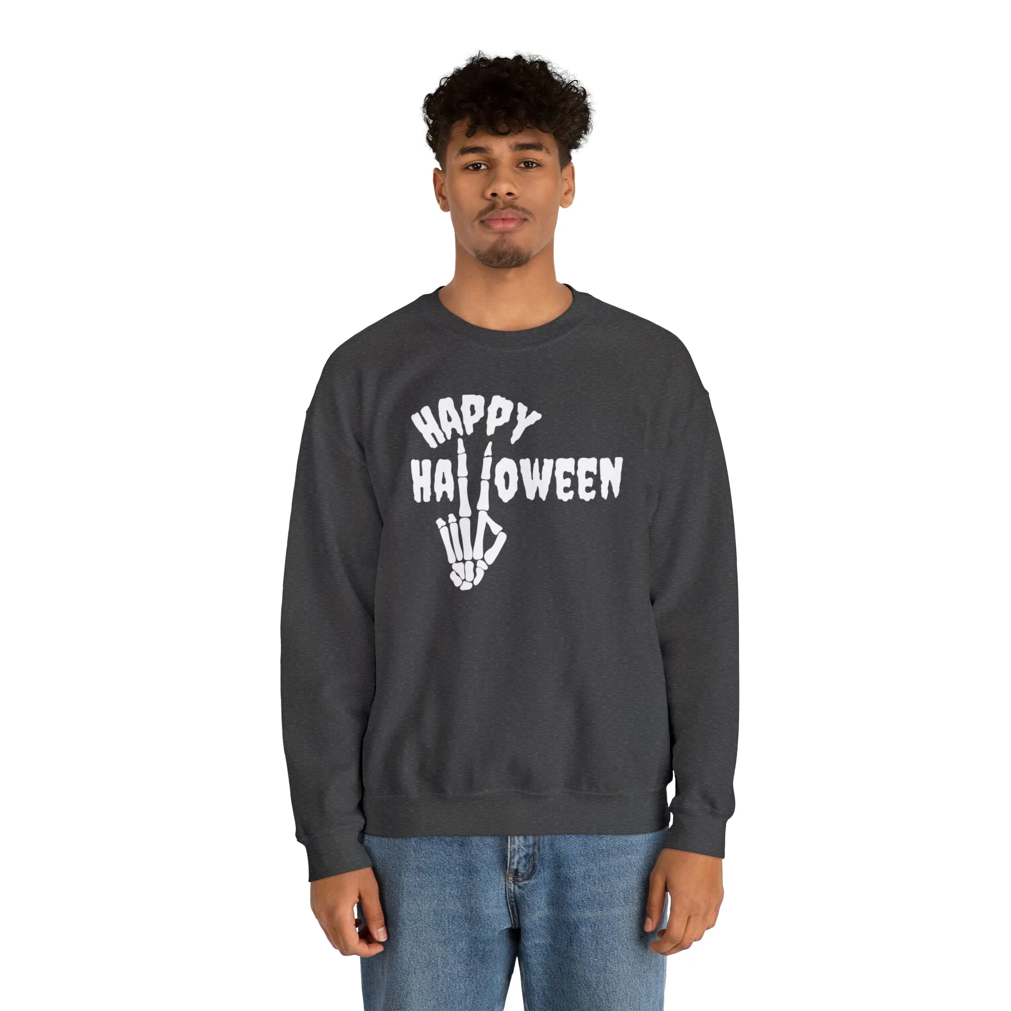Happy Halloween Skeleton Sweatshirt, Scary Peace Pullover, Creepy Halloween Crewneck Sweatshirt, Unisex Heavy Blend Sweatshirt