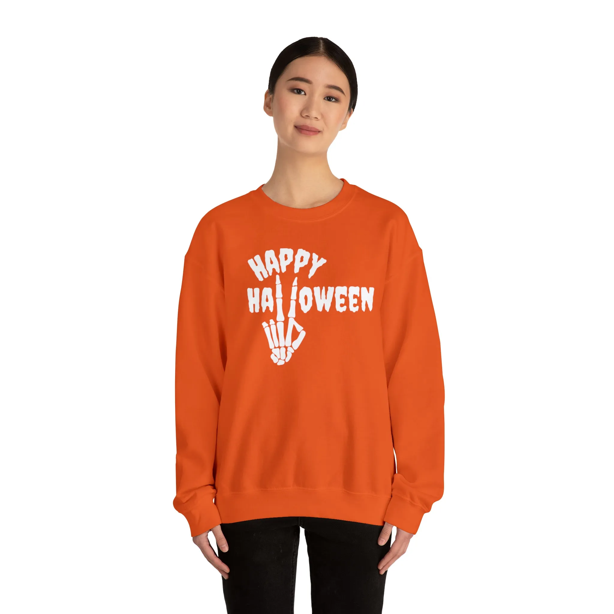 Happy Halloween Skeleton Sweatshirt, Scary Peace Pullover, Creepy Halloween Crewneck Sweatshirt, Unisex Heavy Blend Sweatshirt