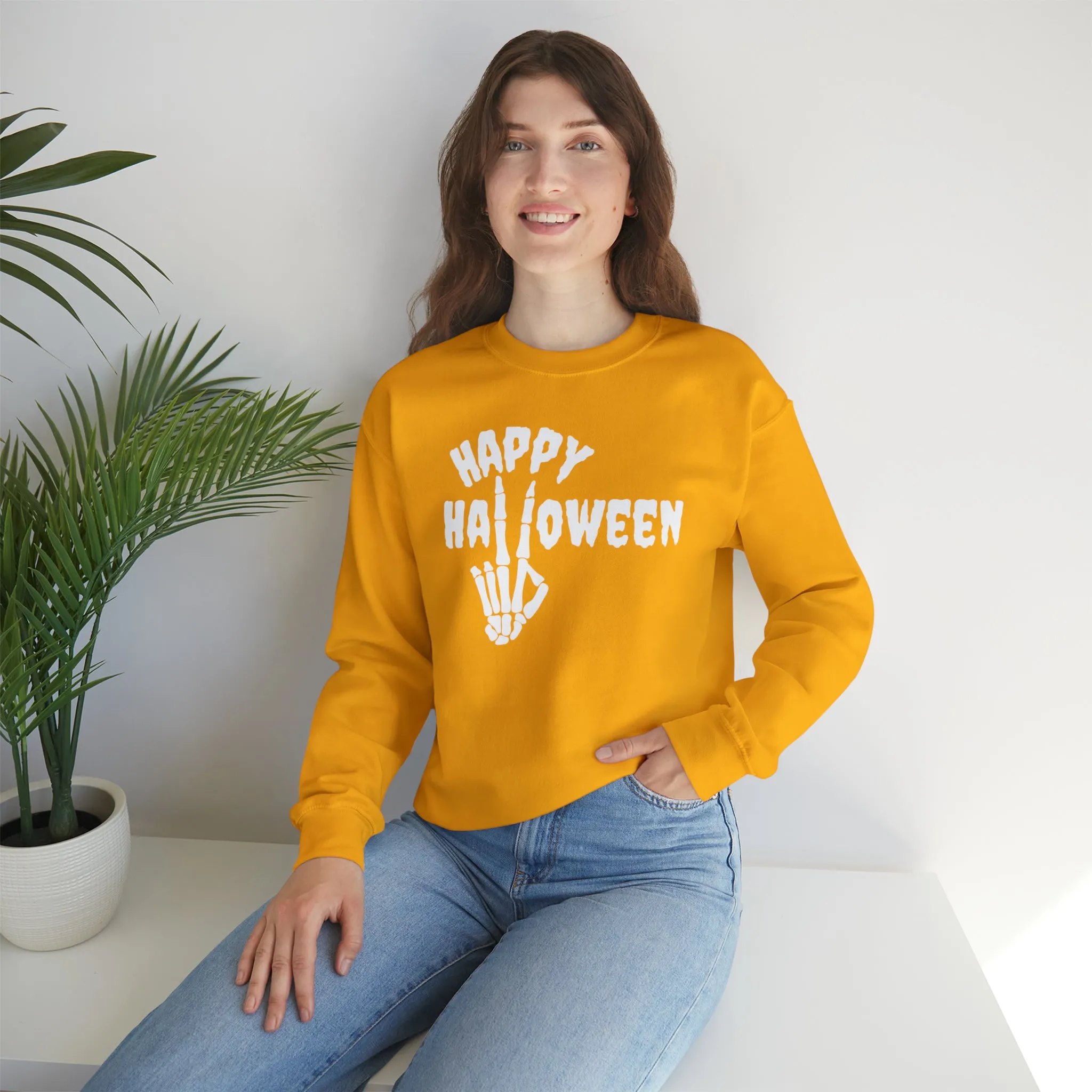 Happy Halloween Skeleton Sweatshirt, Scary Peace Pullover, Creepy Halloween Crewneck Sweatshirt, Unisex Heavy Blend Sweatshirt