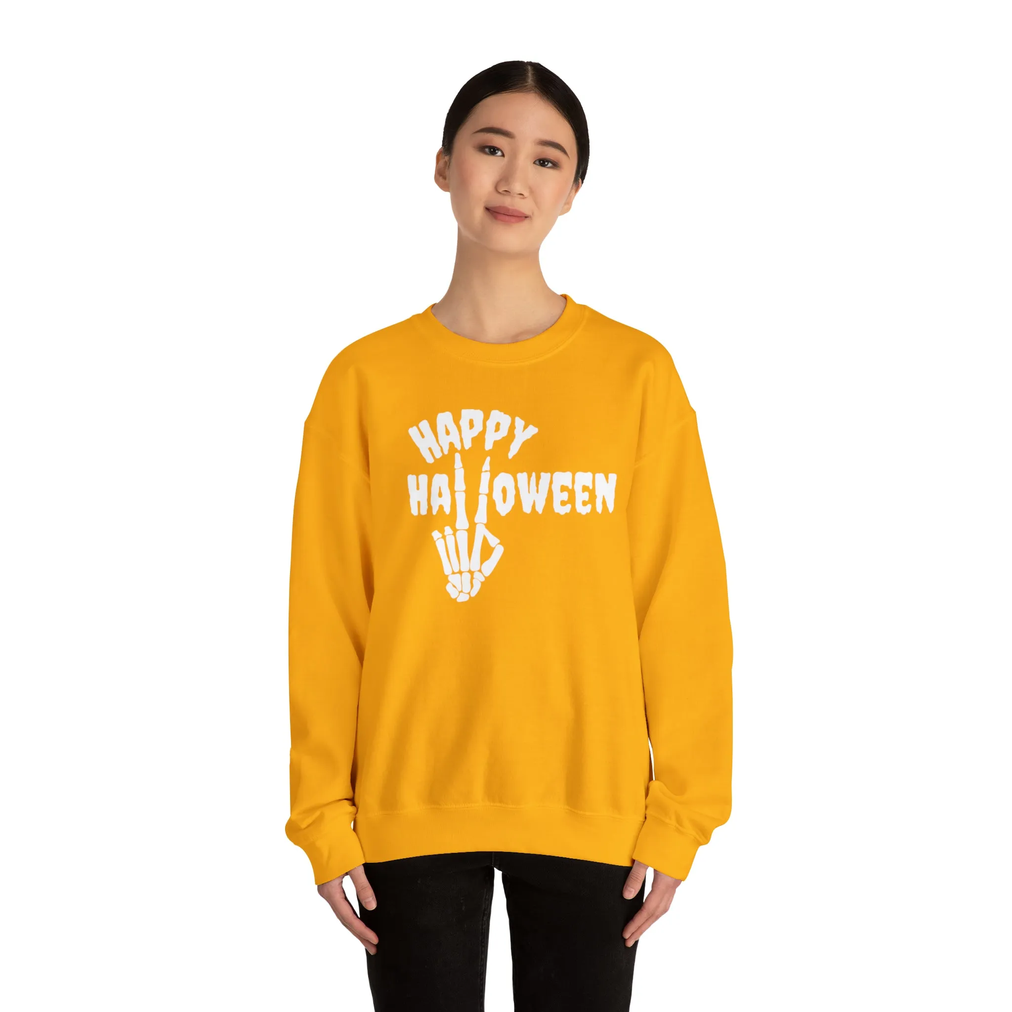Happy Halloween Skeleton Sweatshirt, Scary Peace Pullover, Creepy Halloween Crewneck Sweatshirt, Unisex Heavy Blend Sweatshirt
