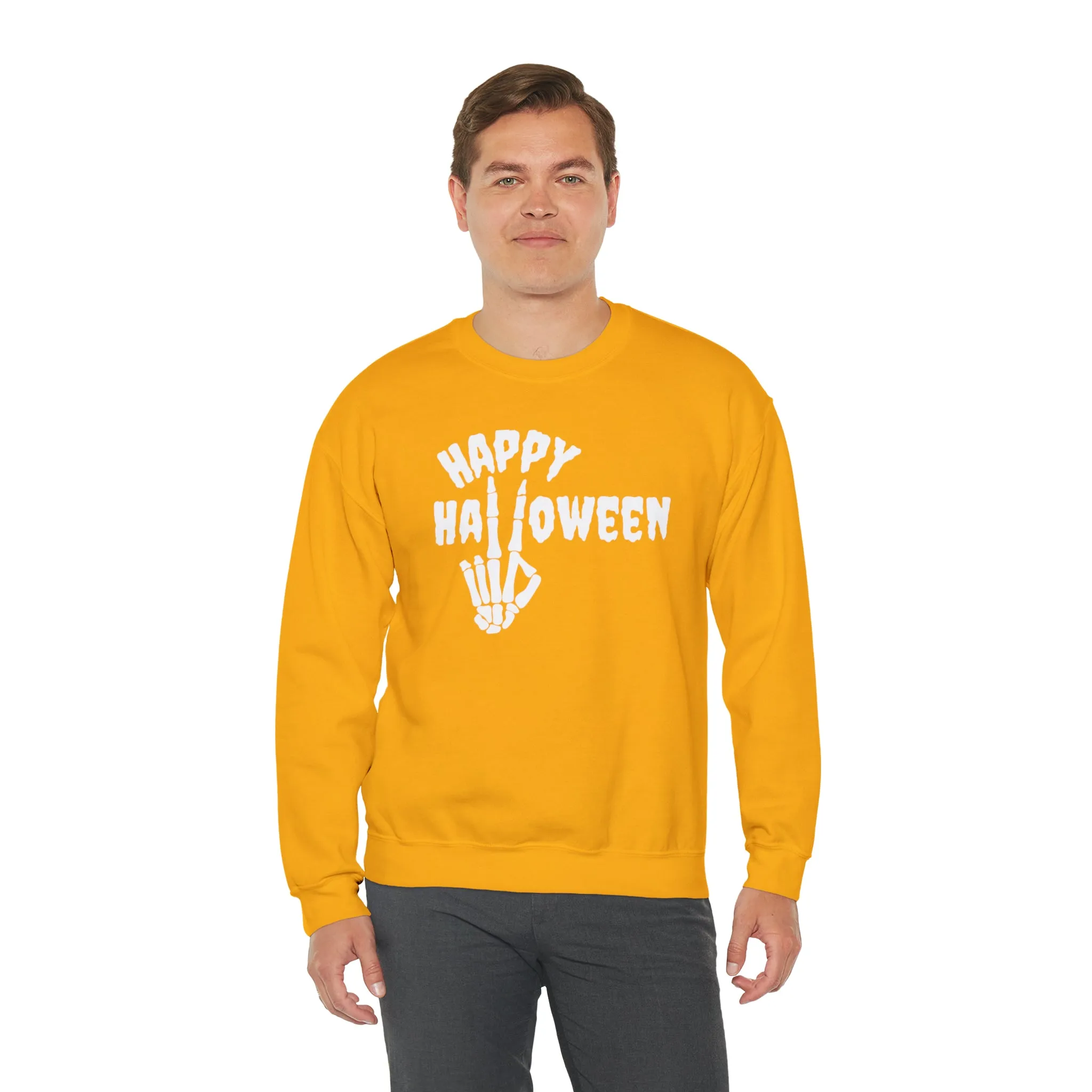 Happy Halloween Skeleton Sweatshirt, Scary Peace Pullover, Creepy Halloween Crewneck Sweatshirt, Unisex Heavy Blend Sweatshirt