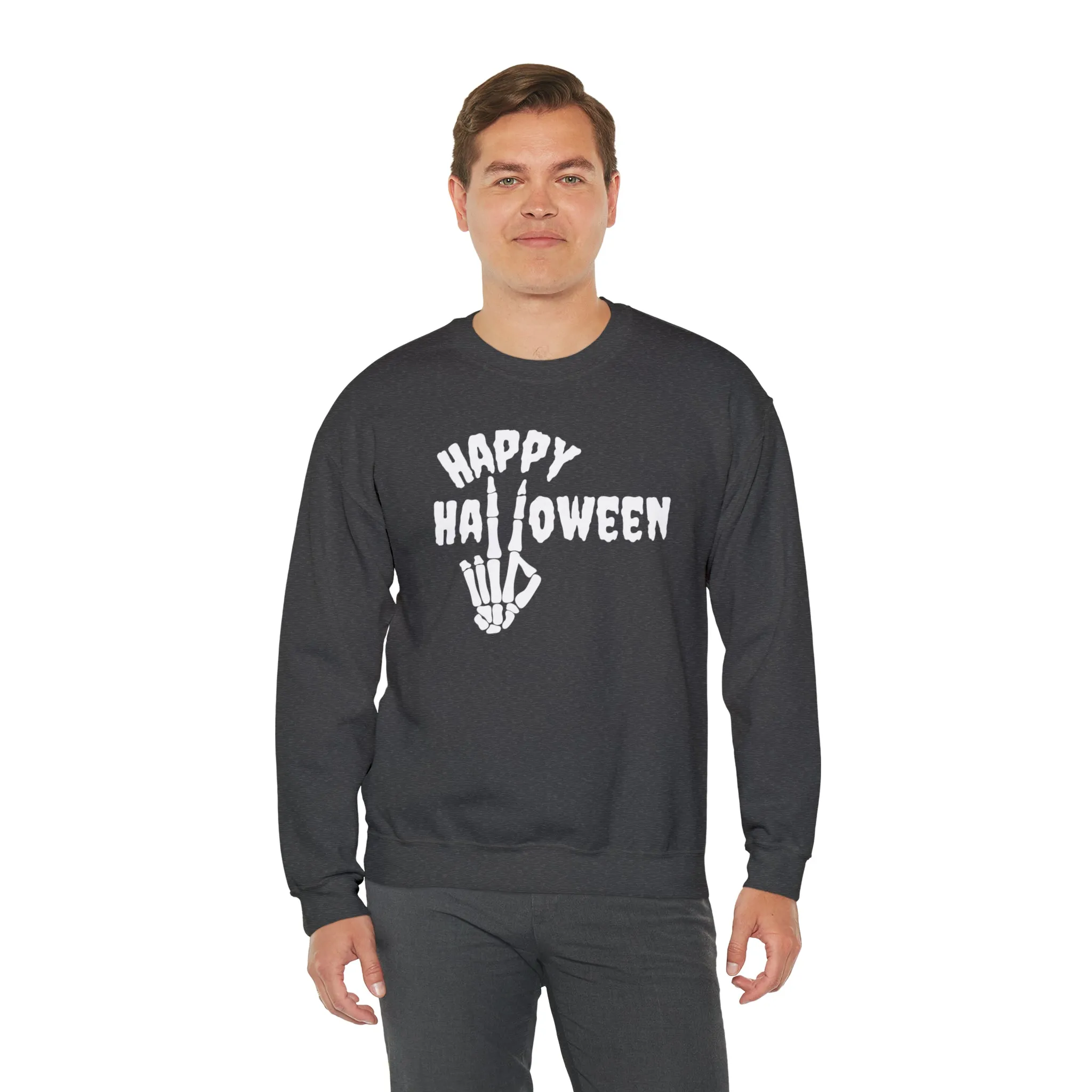 Happy Halloween Skeleton Sweatshirt, Scary Peace Pullover, Creepy Halloween Crewneck Sweatshirt, Unisex Heavy Blend Sweatshirt