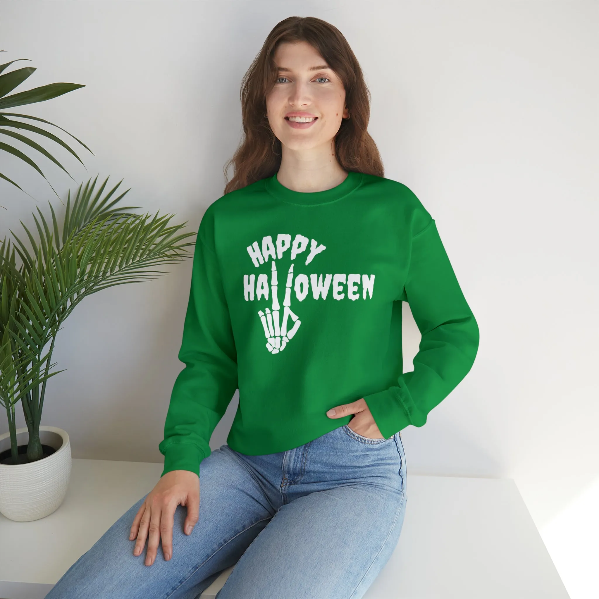 Happy Halloween Skeleton Sweatshirt, Scary Peace Pullover, Creepy Halloween Crewneck Sweatshirt, Unisex Heavy Blend Sweatshirt