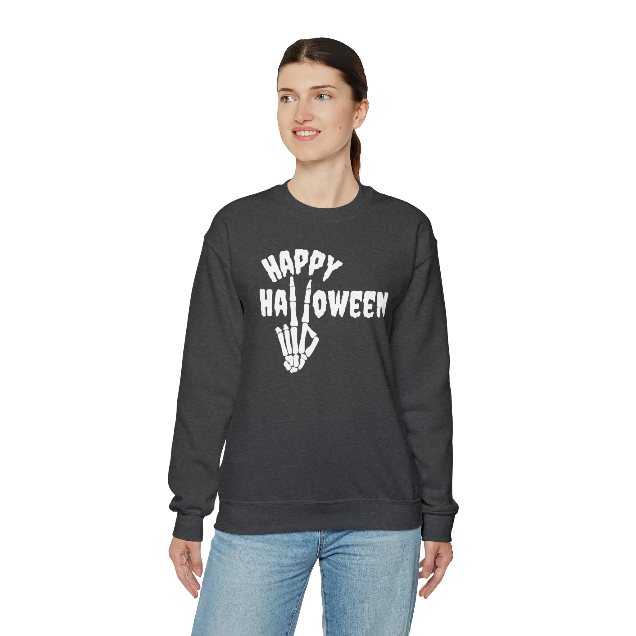 Happy Halloween Skeleton Sweatshirt, Scary Peace Pullover, Creepy Halloween Crewneck Sweatshirt, Unisex Heavy Blend Sweatshirt