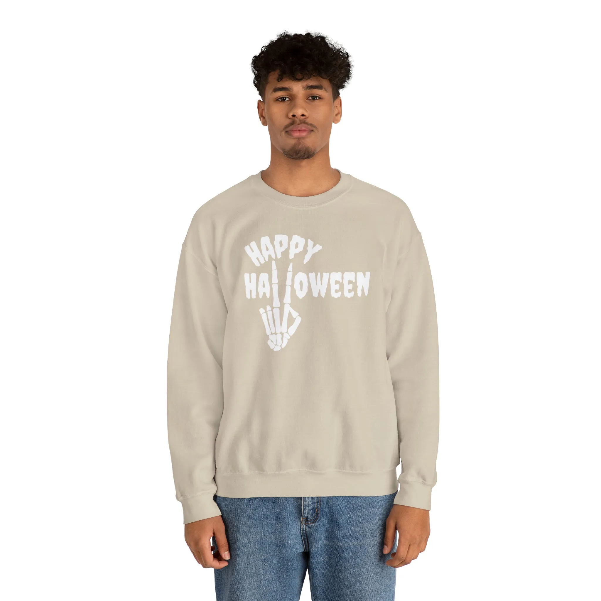 Happy Halloween Skeleton Sweatshirt, Scary Peace Pullover, Creepy Halloween Crewneck Sweatshirt, Unisex Heavy Blend Sweatshirt