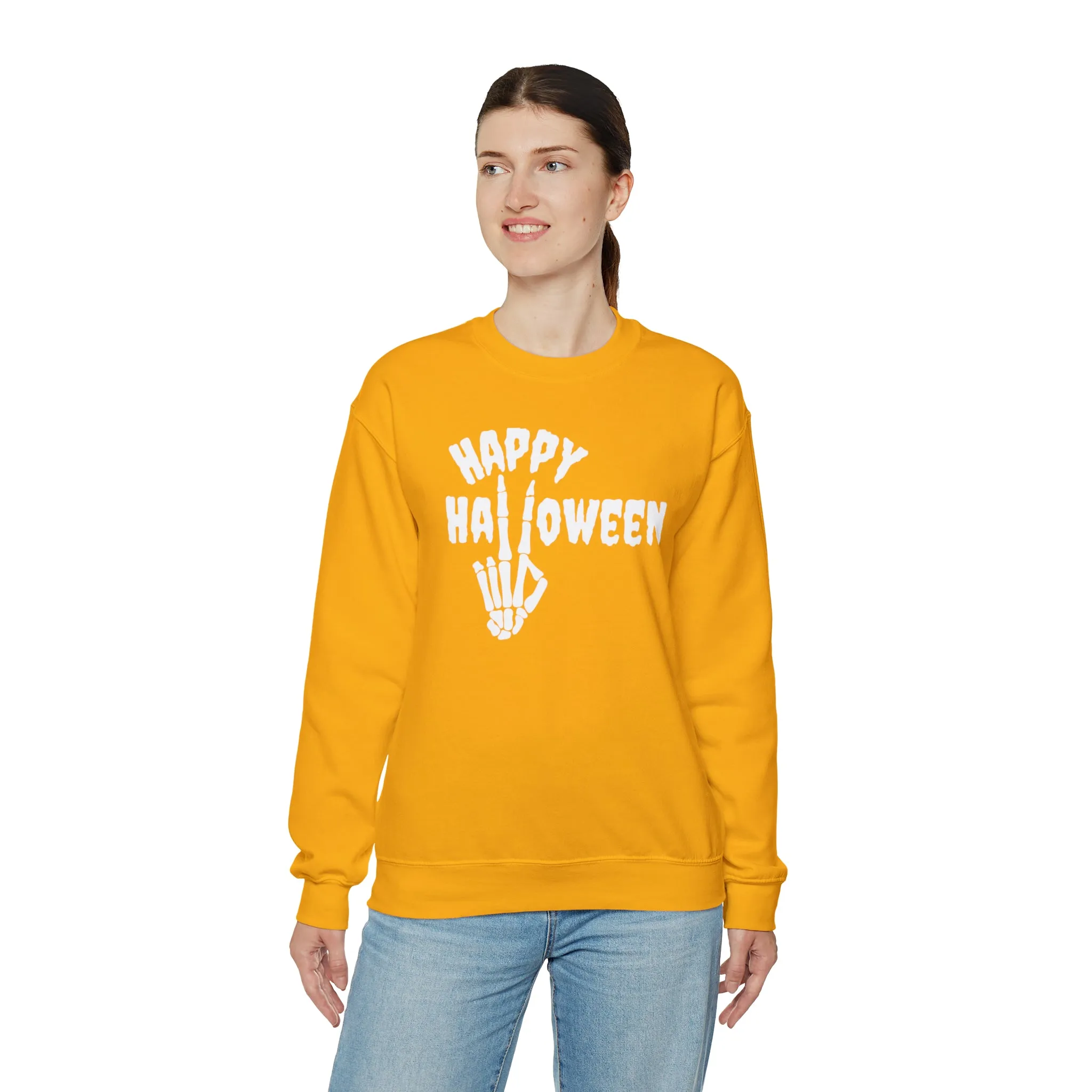 Happy Halloween Skeleton Sweatshirt, Scary Peace Pullover, Creepy Halloween Crewneck Sweatshirt, Unisex Heavy Blend Sweatshirt