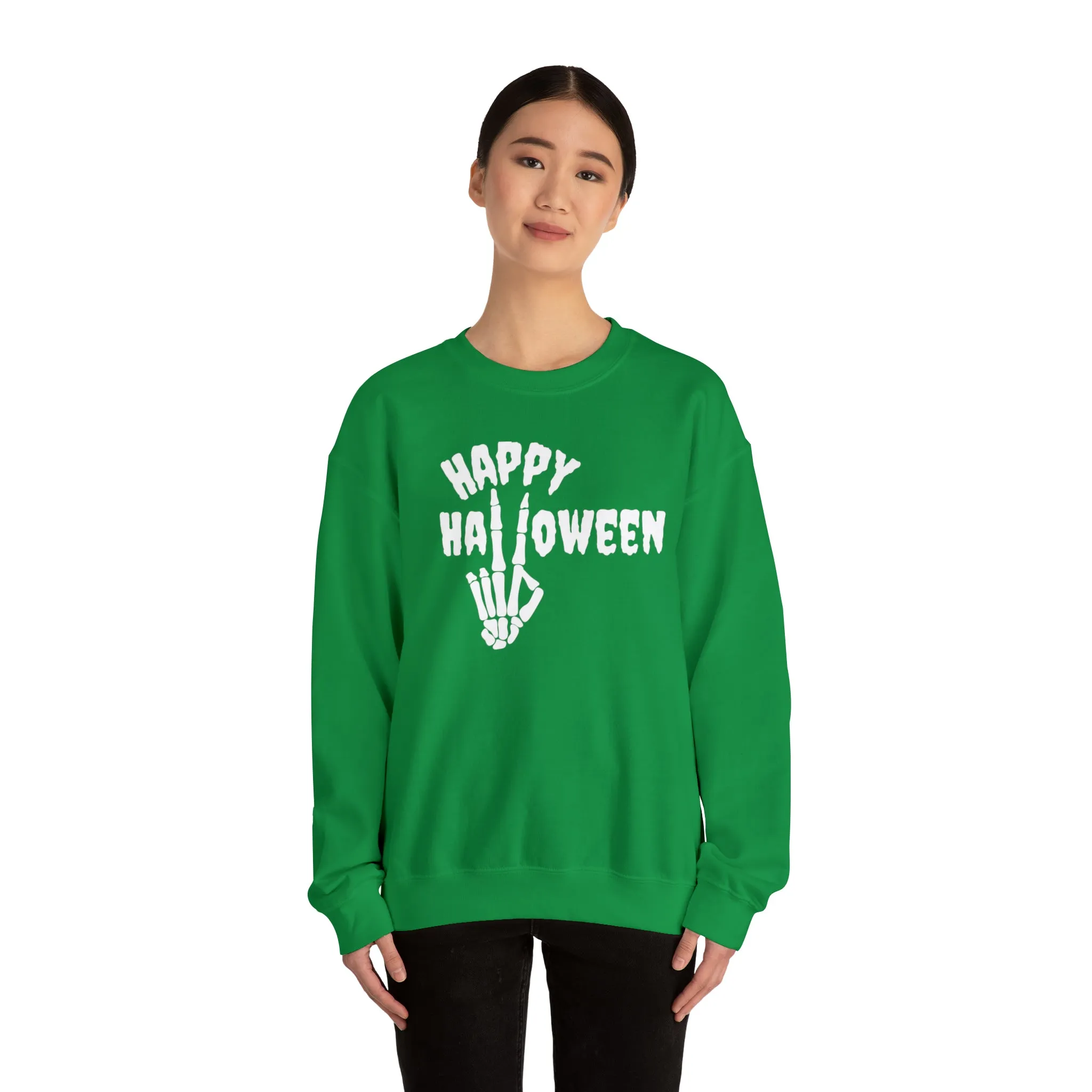 Happy Halloween Skeleton Sweatshirt, Scary Peace Pullover, Creepy Halloween Crewneck Sweatshirt, Unisex Heavy Blend Sweatshirt