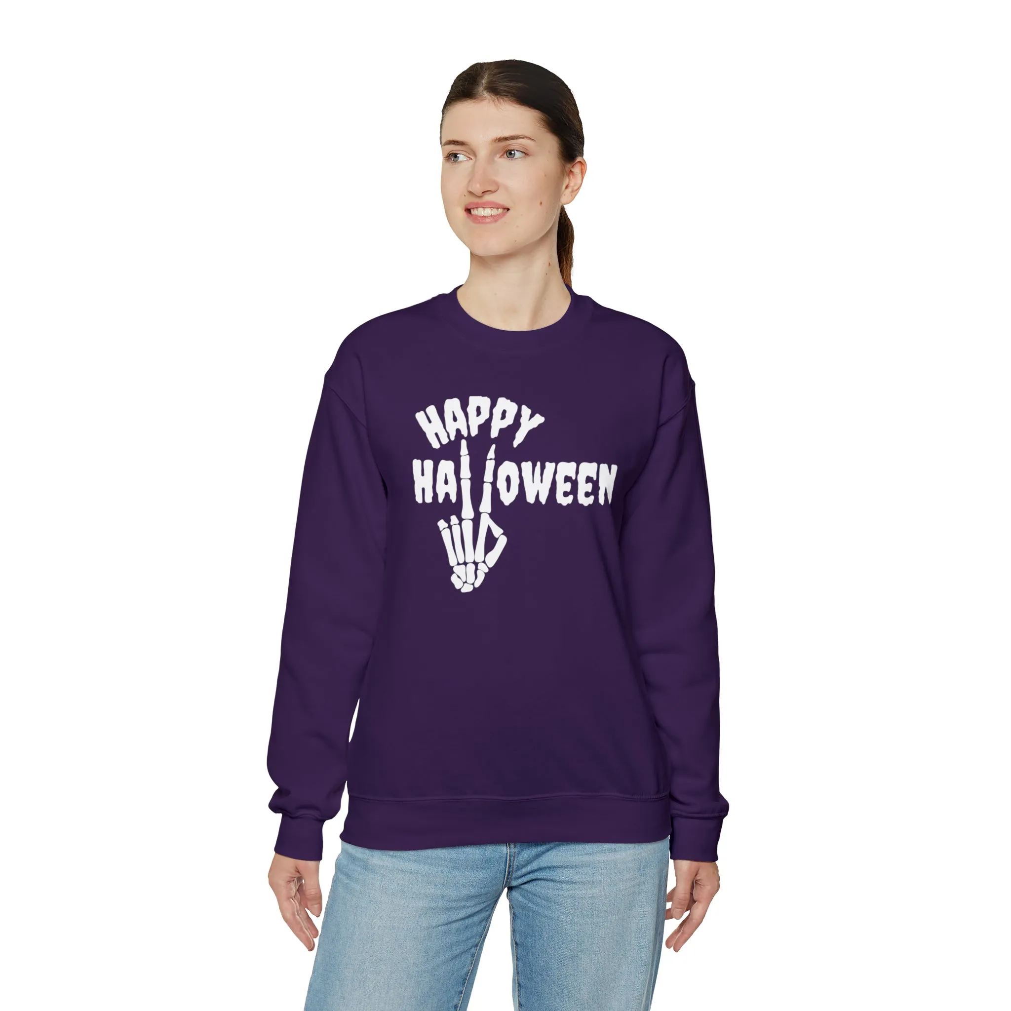 Happy Halloween Skeleton Sweatshirt, Scary Peace Pullover, Creepy Halloween Crewneck Sweatshirt, Unisex Heavy Blend Sweatshirt