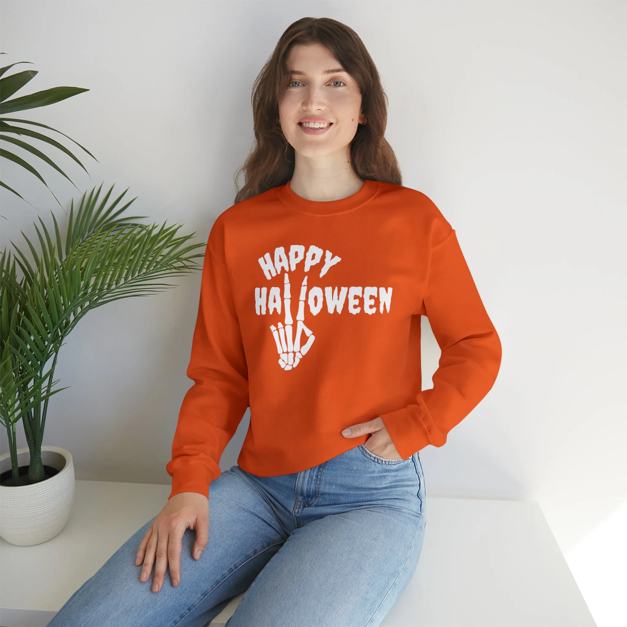 Happy Halloween Skeleton Sweatshirt, Scary Peace Pullover, Creepy Halloween Crewneck Sweatshirt, Unisex Heavy Blend Sweatshirt