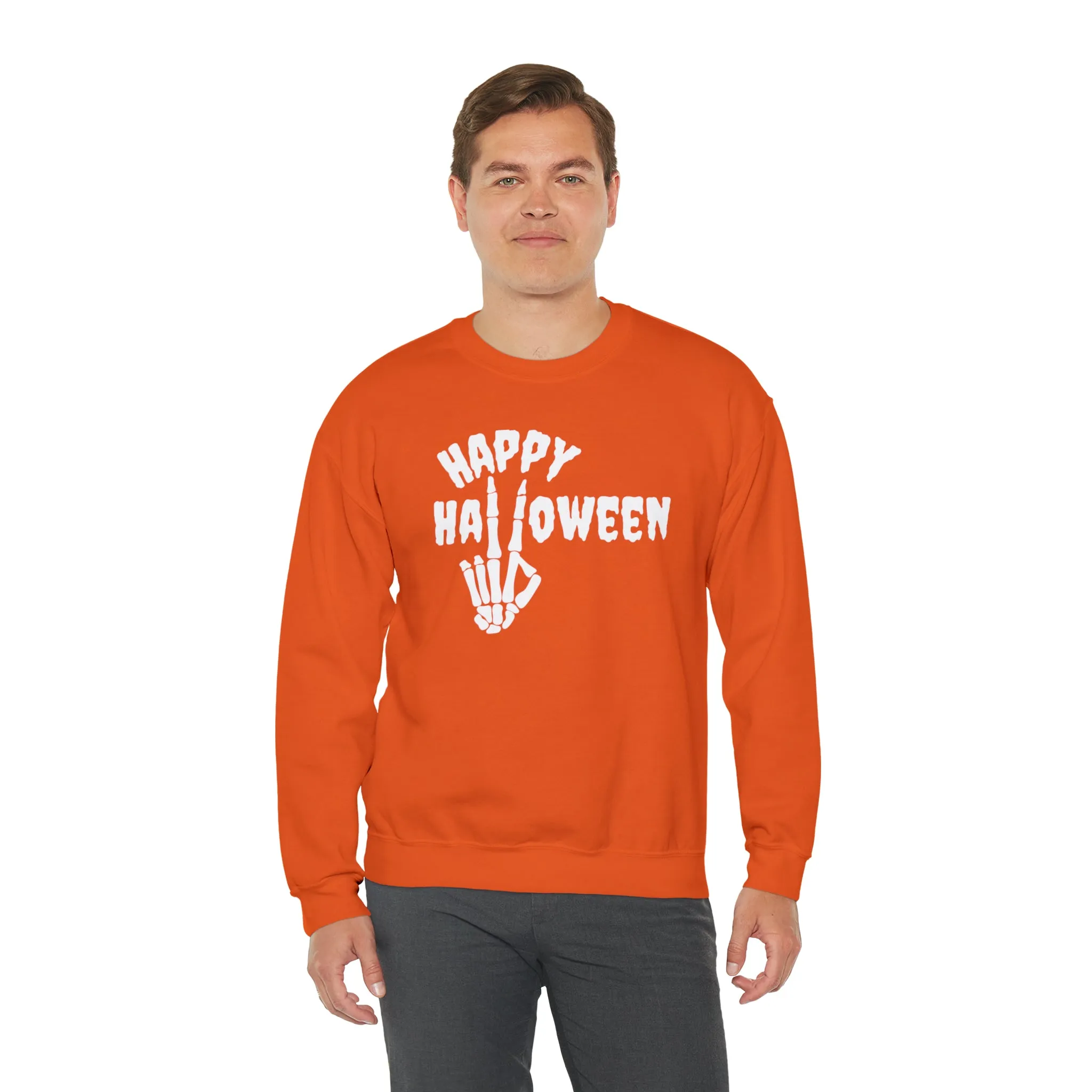Happy Halloween Skeleton Sweatshirt, Scary Peace Pullover, Creepy Halloween Crewneck Sweatshirt, Unisex Heavy Blend Sweatshirt