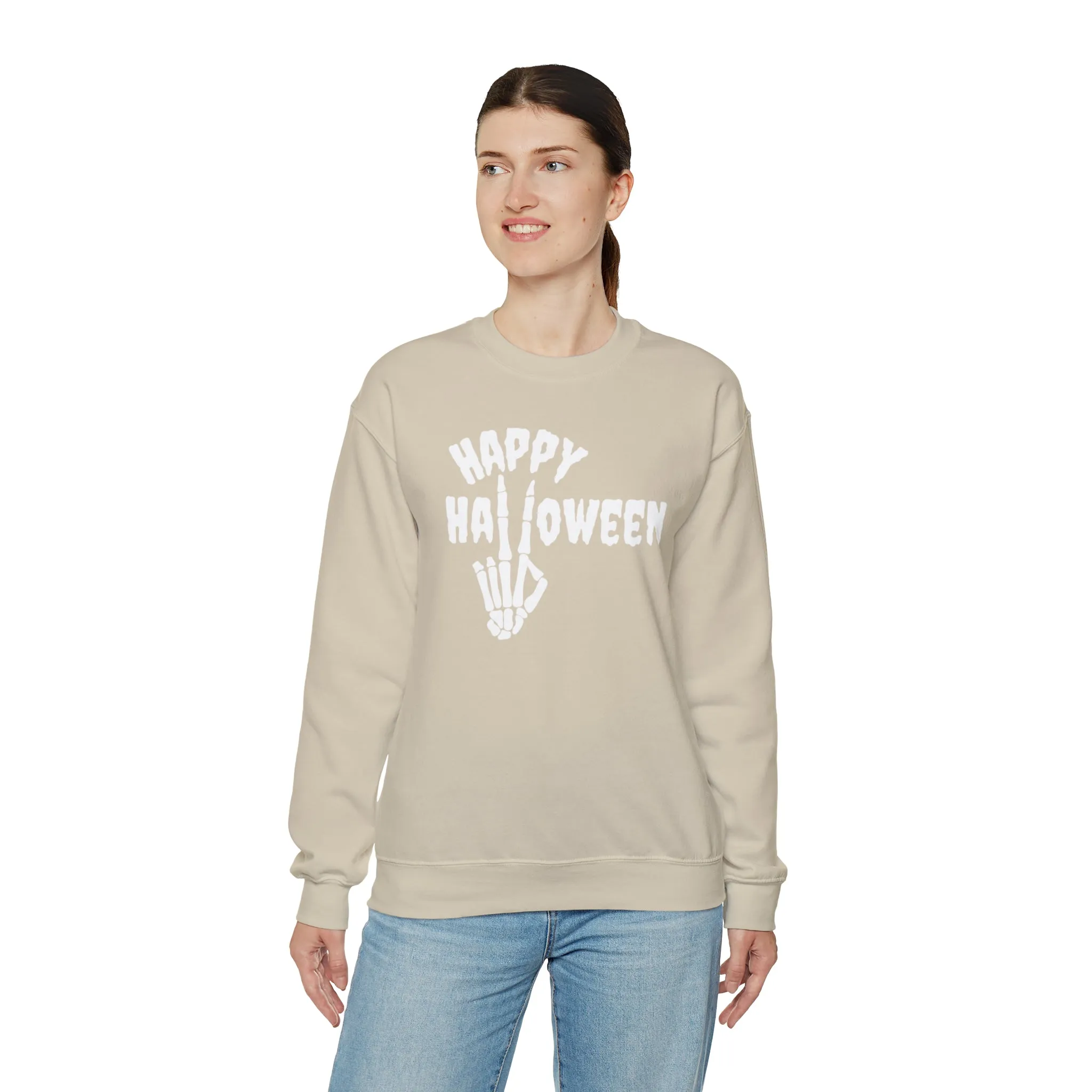 Happy Halloween Skeleton Sweatshirt, Scary Peace Pullover, Creepy Halloween Crewneck Sweatshirt, Unisex Heavy Blend Sweatshirt
