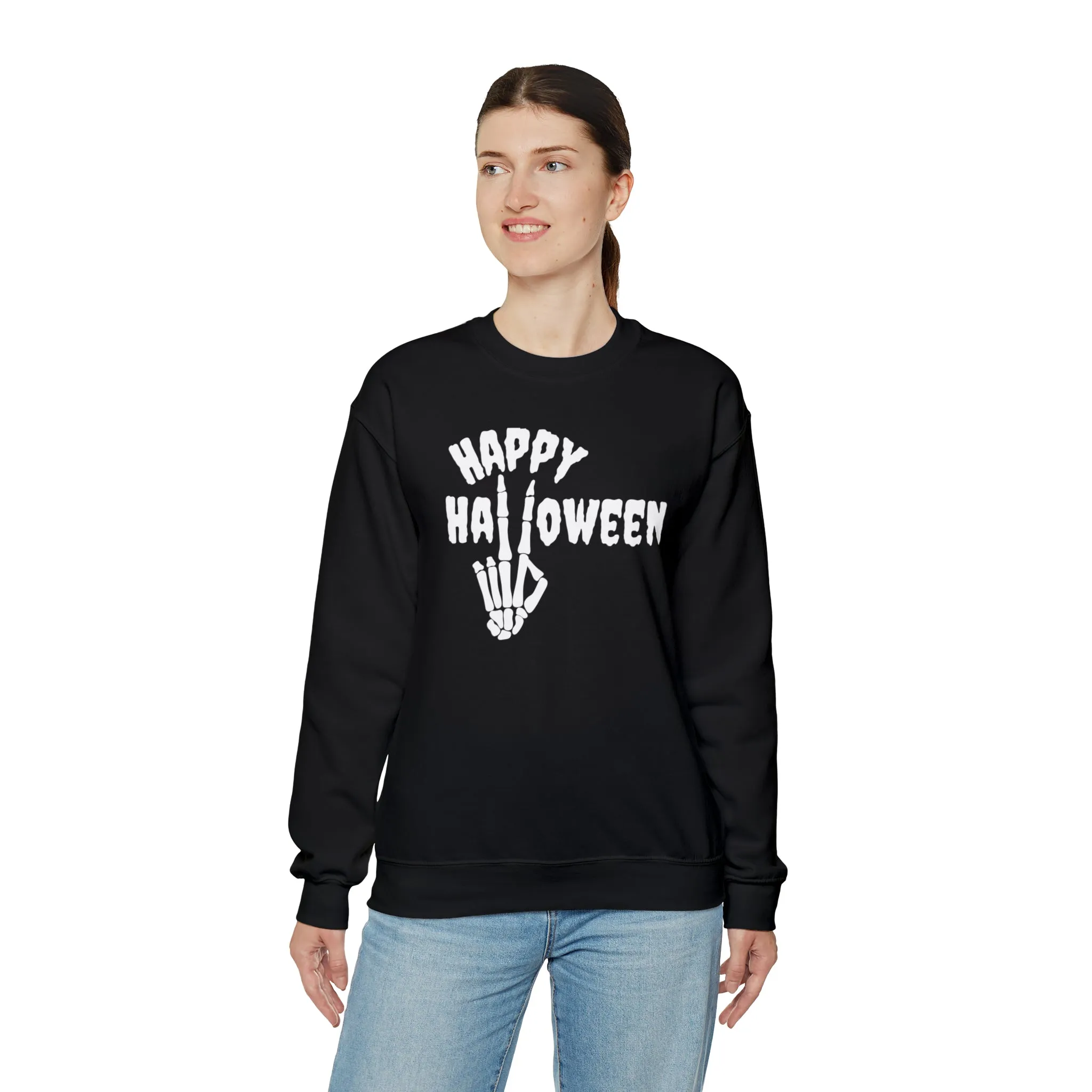 Happy Halloween Skeleton Sweatshirt, Scary Peace Pullover, Creepy Halloween Crewneck Sweatshirt, Unisex Heavy Blend Sweatshirt
