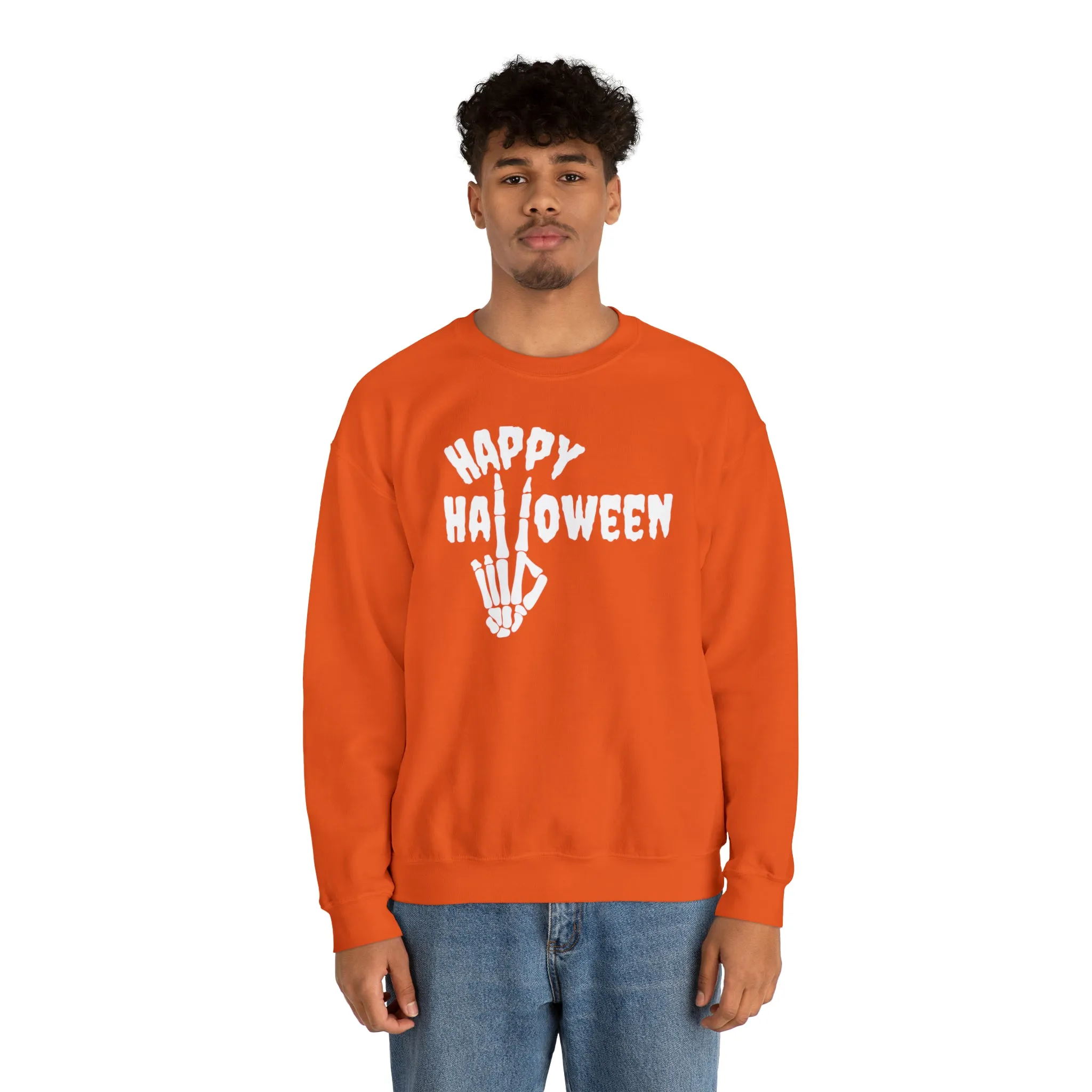 Happy Halloween Skeleton Sweatshirt, Scary Peace Pullover, Creepy Halloween Crewneck Sweatshirt, Unisex Heavy Blend Sweatshirt
