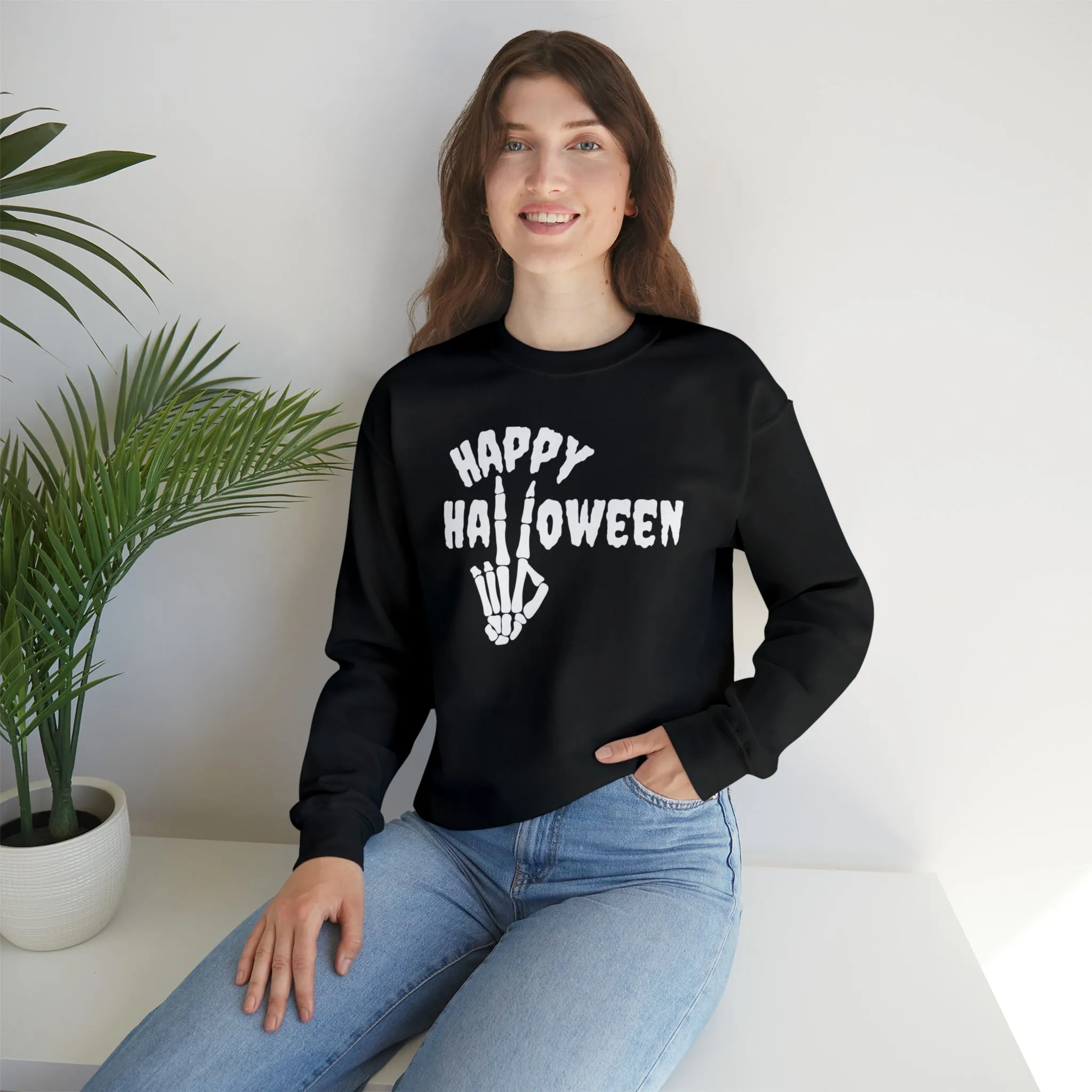 Happy Halloween Skeleton Sweatshirt, Scary Peace Pullover, Creepy Halloween Crewneck Sweatshirt, Unisex Heavy Blend Sweatshirt