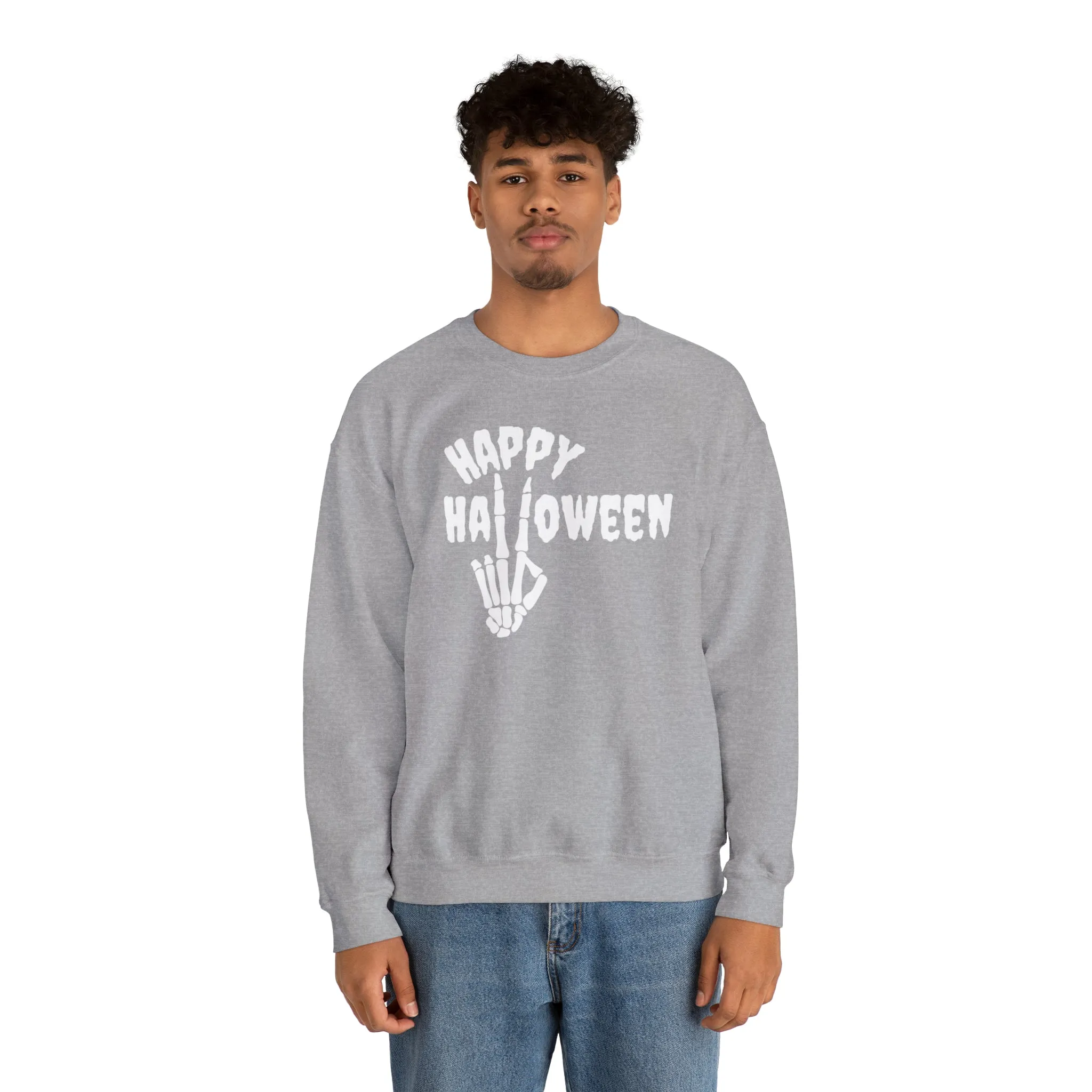 Happy Halloween Skeleton Sweatshirt, Scary Peace Pullover, Creepy Halloween Crewneck Sweatshirt, Unisex Heavy Blend Sweatshirt