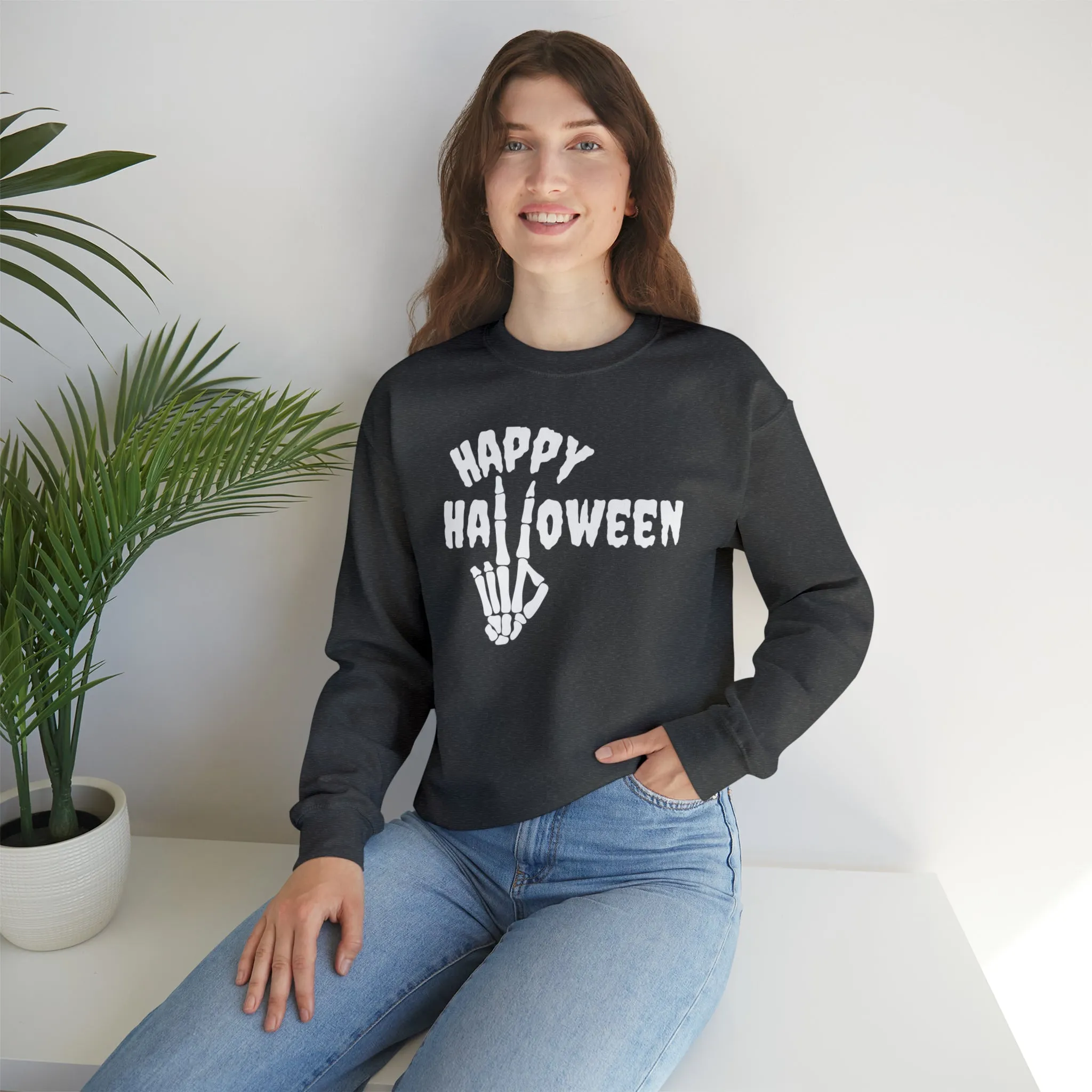 Happy Halloween Skeleton Sweatshirt, Scary Peace Pullover, Creepy Halloween Crewneck Sweatshirt, Unisex Heavy Blend Sweatshirt