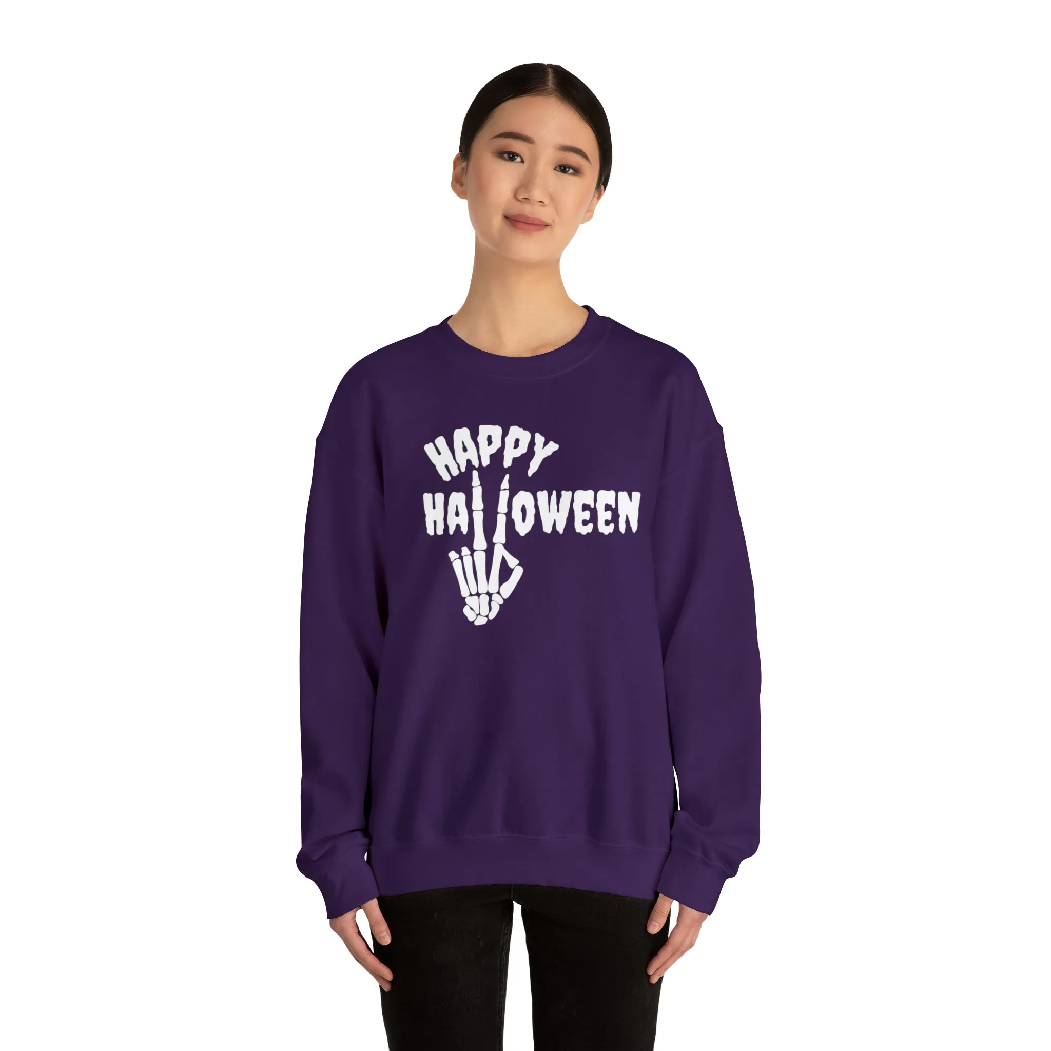 Happy Halloween Skeleton Sweatshirt, Scary Peace Pullover, Creepy Halloween Crewneck Sweatshirt, Unisex Heavy Blend Sweatshirt