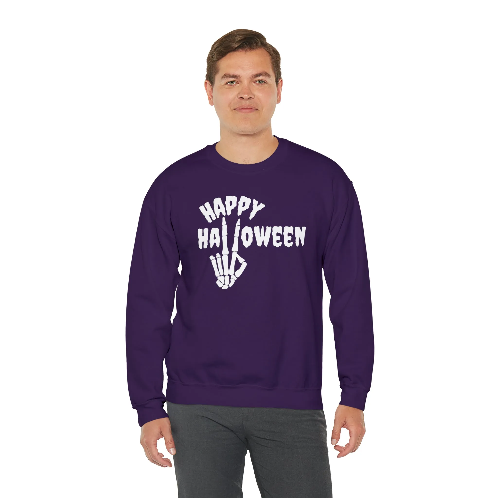 Happy Halloween Skeleton Sweatshirt, Scary Peace Pullover, Creepy Halloween Crewneck Sweatshirt, Unisex Heavy Blend Sweatshirt