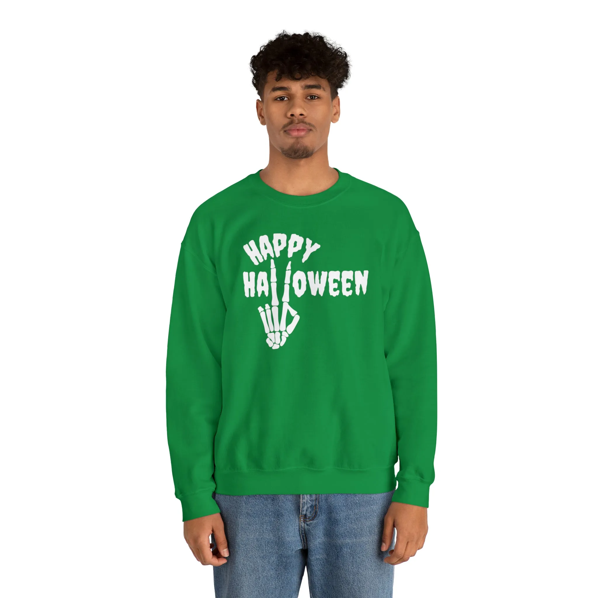 Happy Halloween Skeleton Sweatshirt, Scary Peace Pullover, Creepy Halloween Crewneck Sweatshirt, Unisex Heavy Blend Sweatshirt