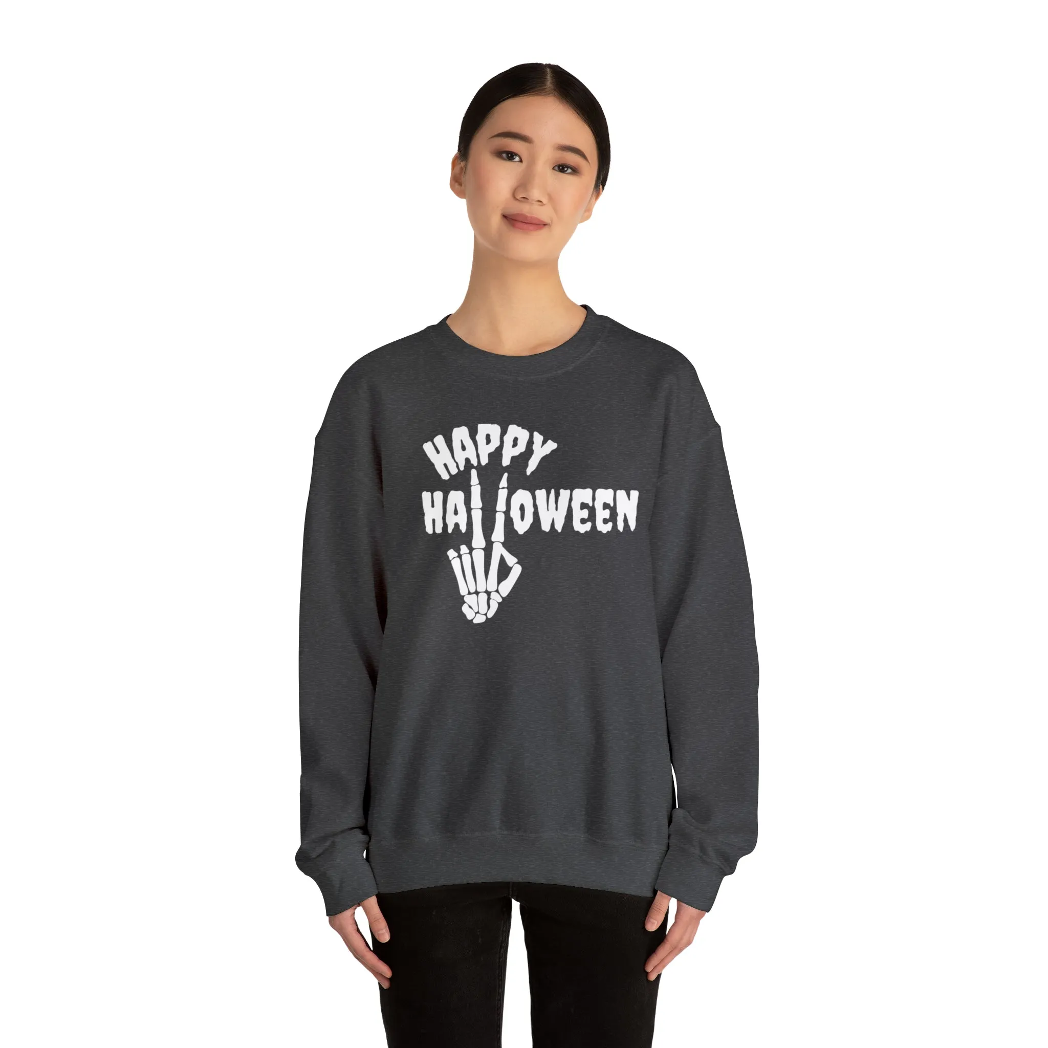Happy Halloween Skeleton Sweatshirt, Scary Peace Pullover, Creepy Halloween Crewneck Sweatshirt, Unisex Heavy Blend Sweatshirt