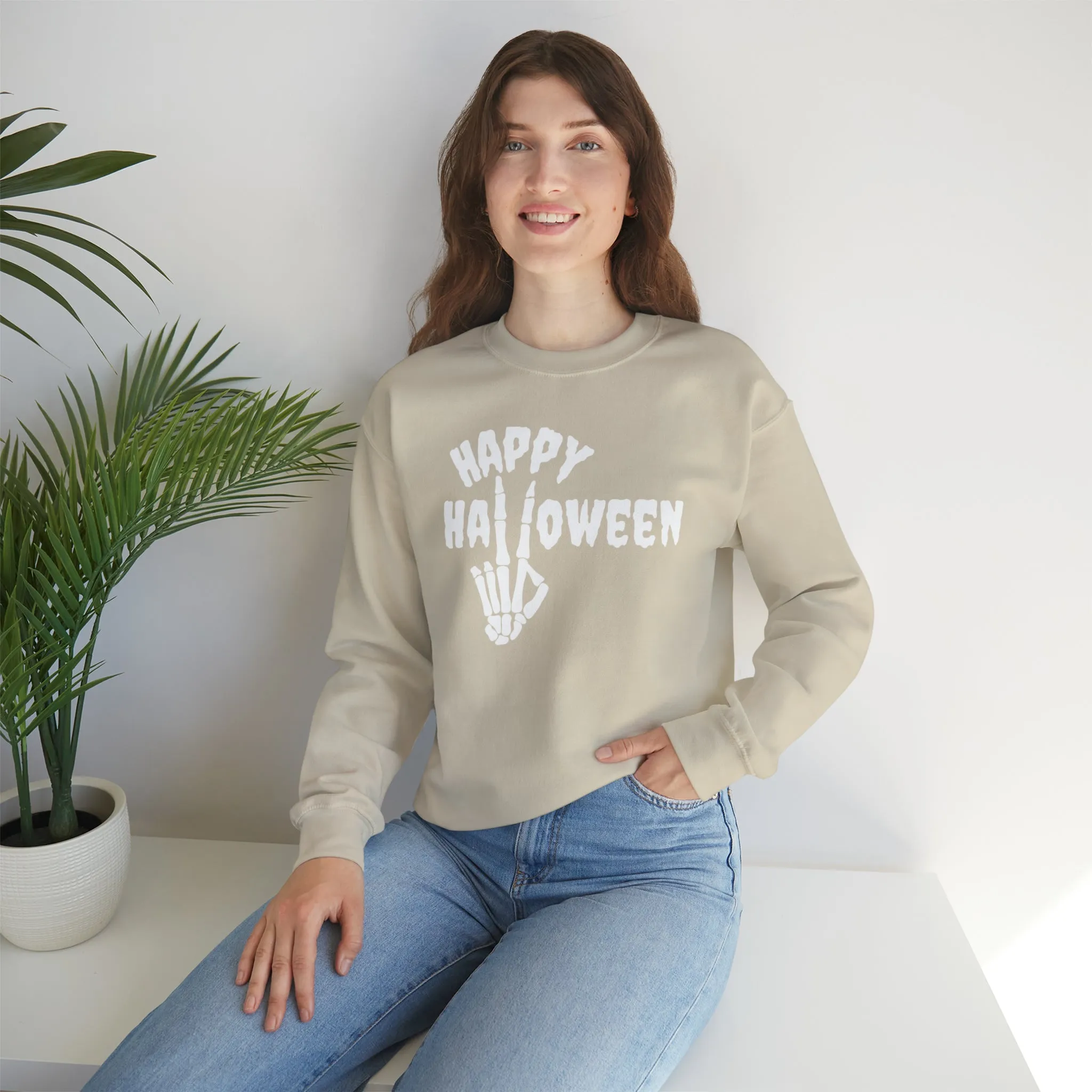 Happy Halloween Skeleton Sweatshirt, Scary Peace Pullover, Creepy Halloween Crewneck Sweatshirt, Unisex Heavy Blend Sweatshirt