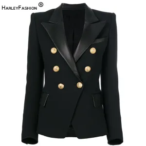 HarleyFashion Spring Autumn Quality European Design PU Leather Collar Slim Black Blazer OL Formal Classic Fittness Blazers