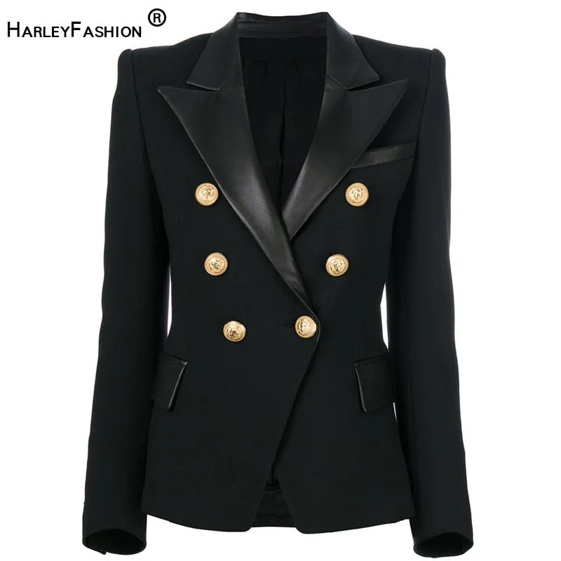 HarleyFashion Spring Autumn Quality European Design PU Leather Collar Slim Black Blazer OL Formal Classic Fittness Blazers