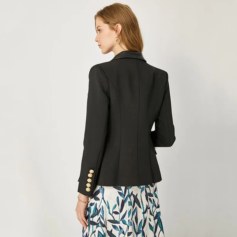 HarleyFashion Spring Autumn Quality European Design PU Leather Collar Slim Black Blazer OL Formal Classic Fittness Blazers