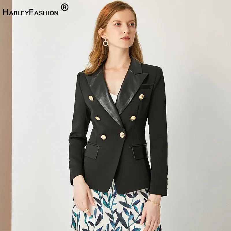 HarleyFashion Spring Autumn Quality European Design PU Leather Collar Slim Black Blazer OL Formal Classic Fittness Blazers