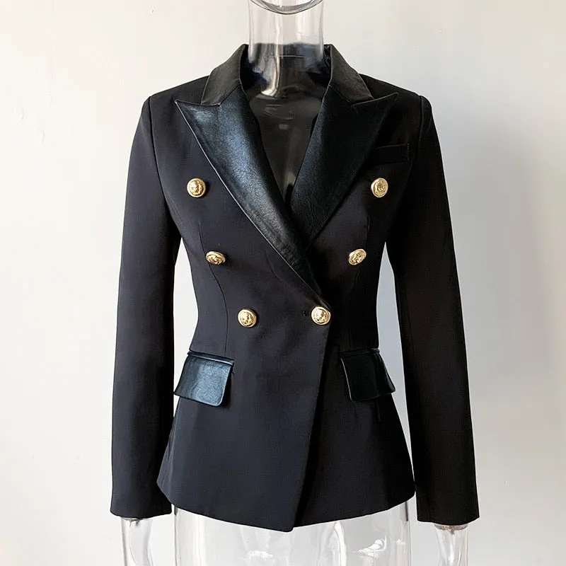 HarleyFashion Spring Autumn Quality European Design PU Leather Collar Slim Black Blazer OL Formal Classic Fittness Blazers