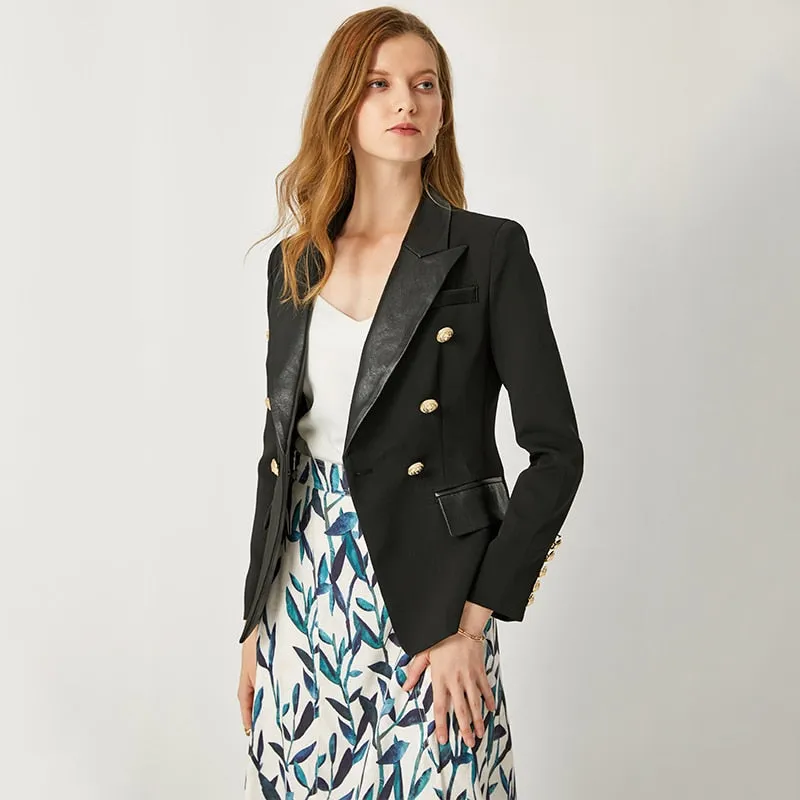 HarleyFashion Spring Autumn Quality European Design PU Leather Collar Slim Black Blazer OL Formal Classic Fittness Blazers