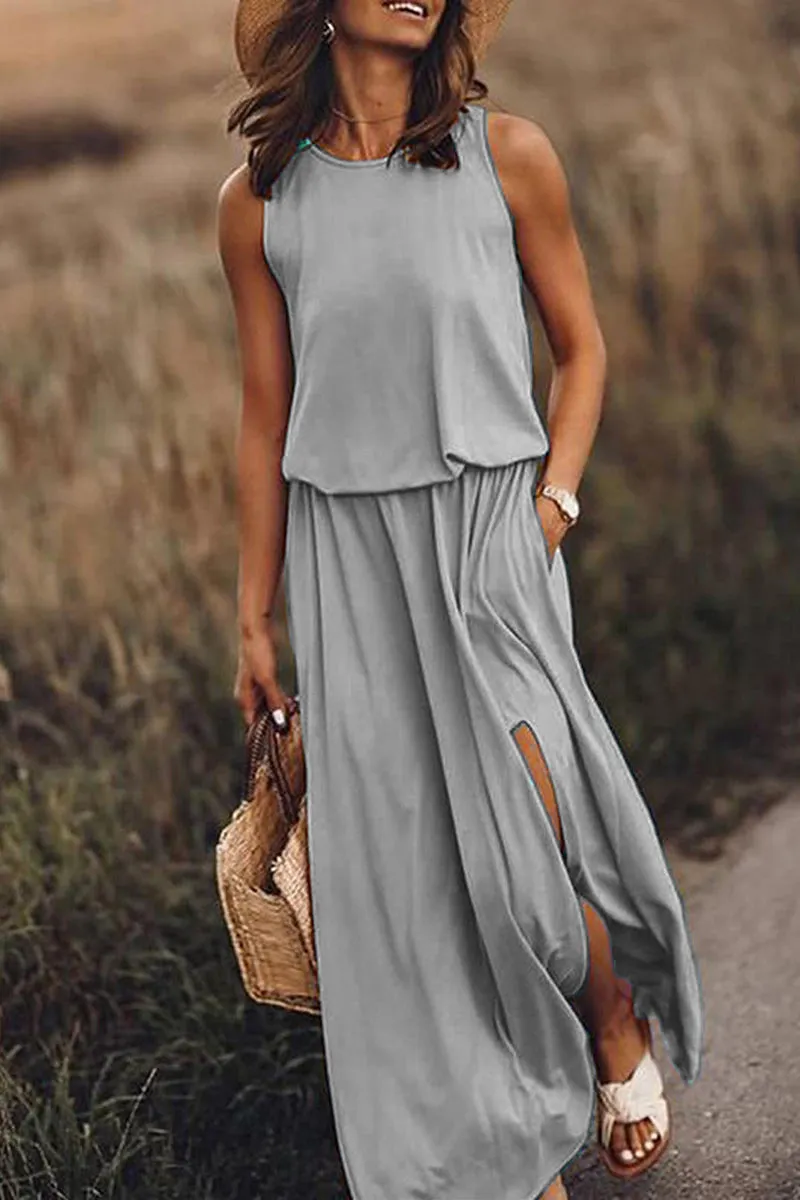 HBZ1081 Sleeveless Maxi Dress with Side Slit