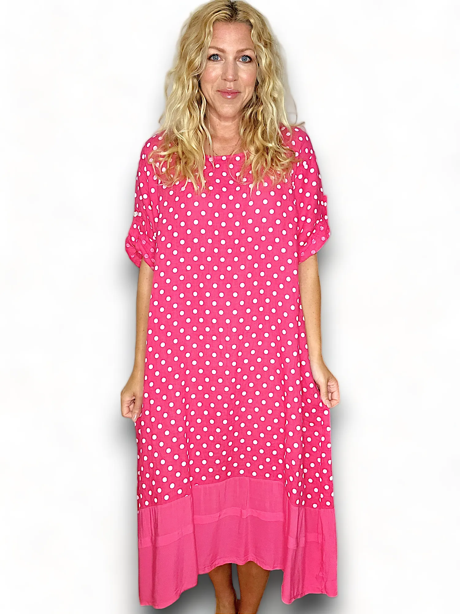 HELGA MAY Polka Dot Plain Hem Hot Pink Linen Dress Sz 14-20