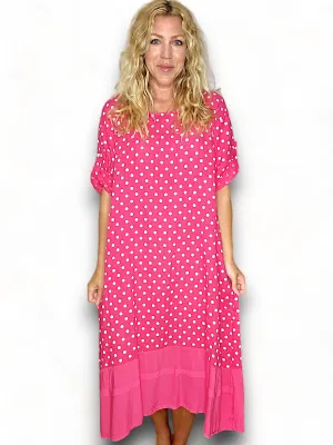 HELGA MAY Polka Dot Plain Hem Hot Pink Linen Dress Sz 14-20