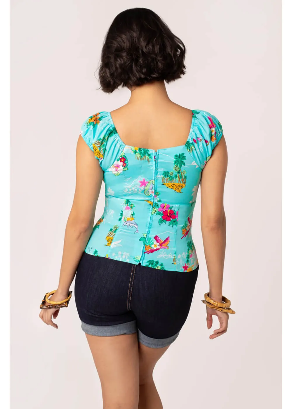 Hell Bunny Ayanna Tiki 50's Top Aqua Blue