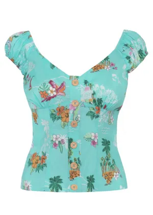 Hell Bunny Ayanna Tiki 50's Top Aqua Blue