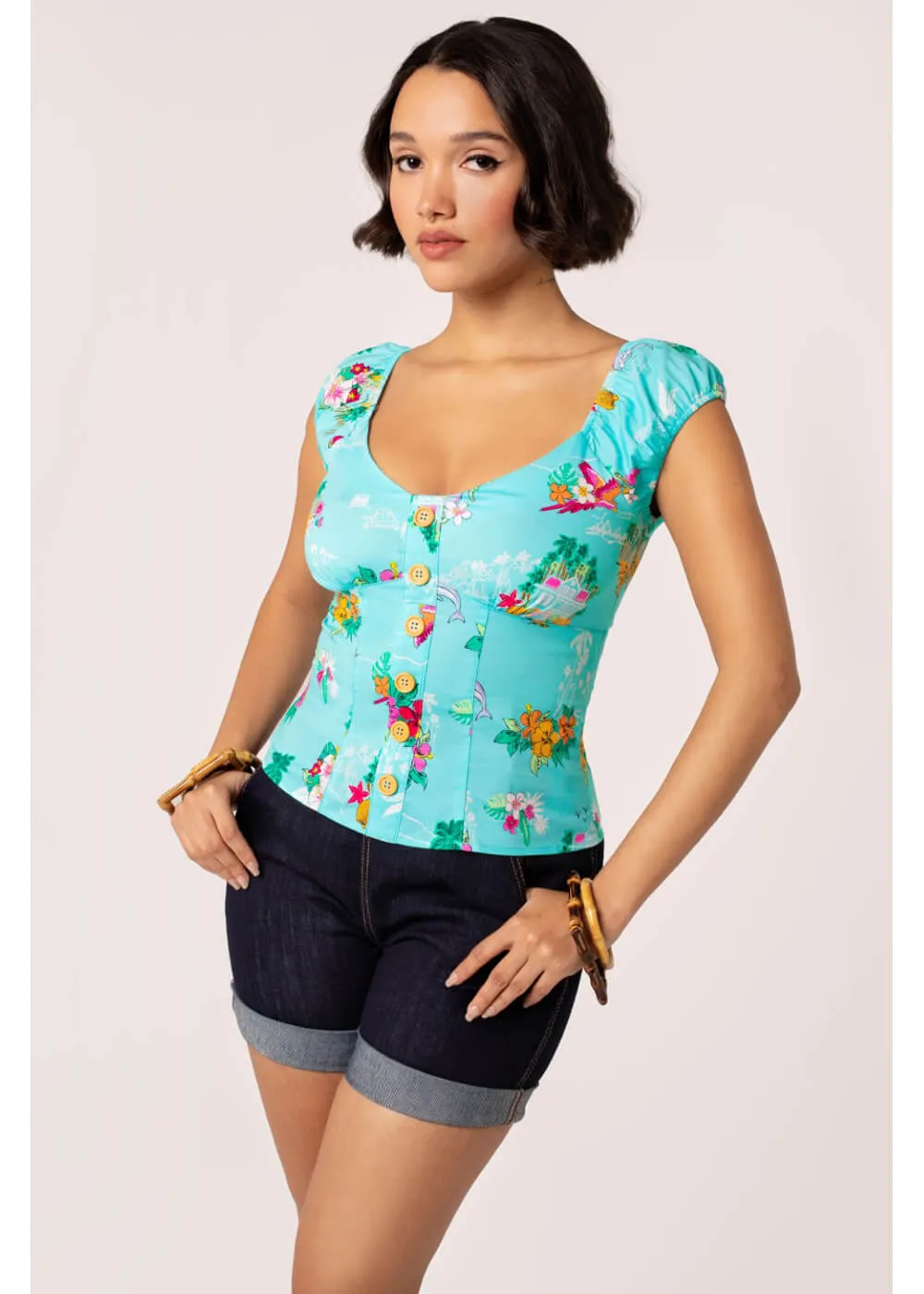 Hell Bunny Ayanna Tiki 50's Top Aqua Blue