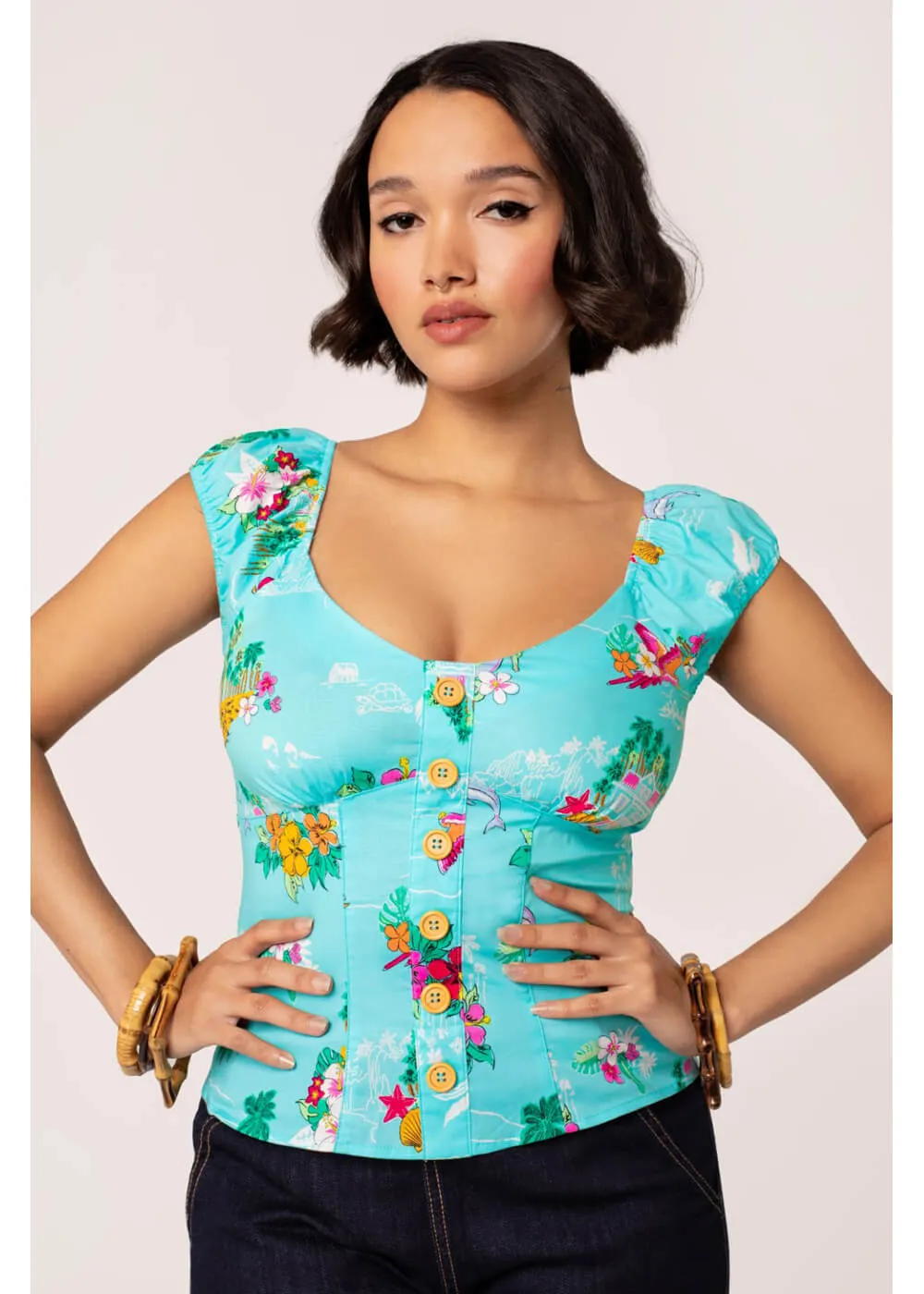 Hell Bunny Ayanna Tiki 50's Top Aqua Blue