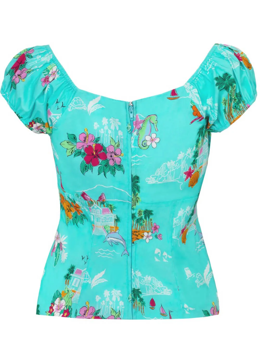 Hell Bunny Ayanna Tiki 50's Top Aqua Blue