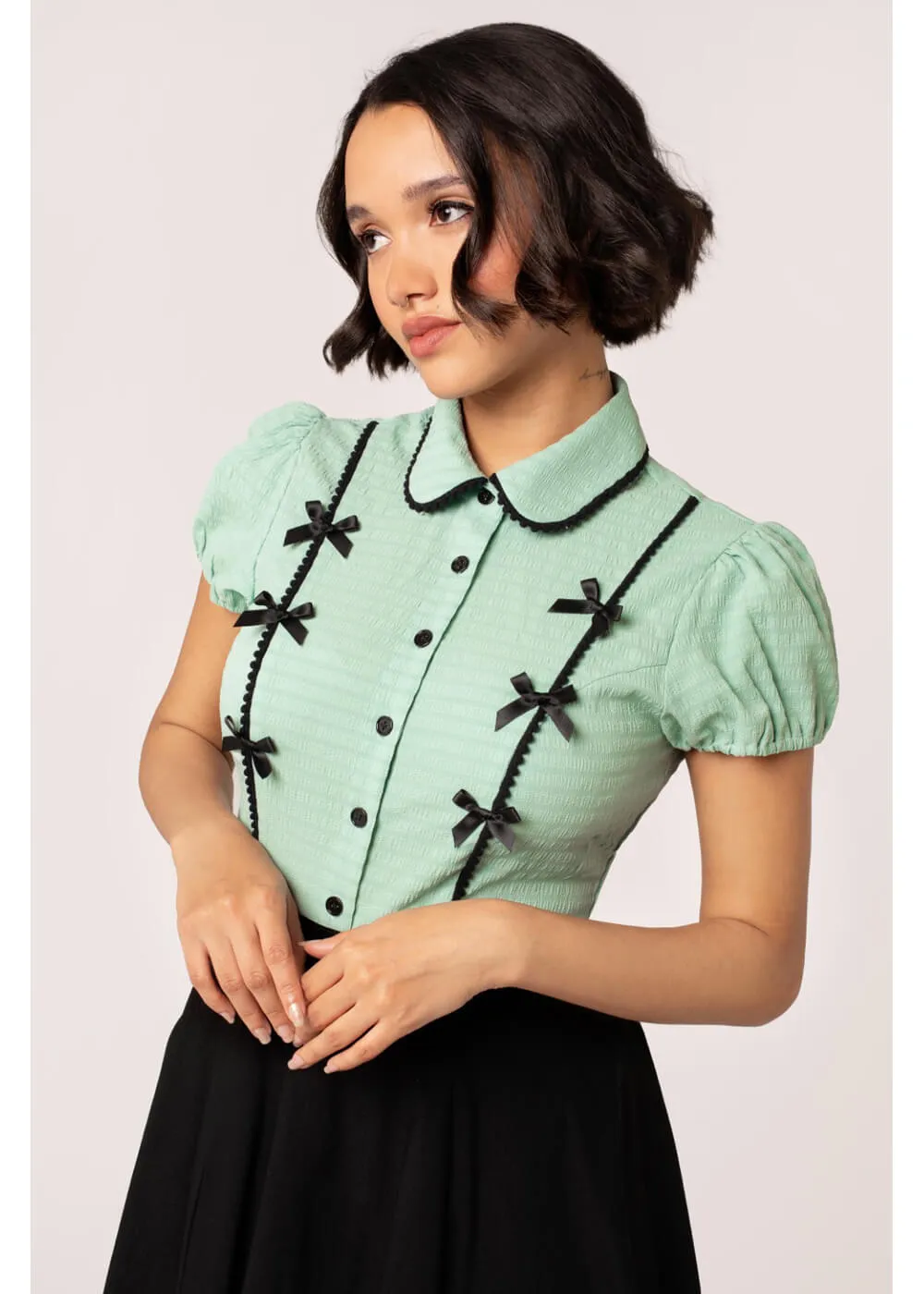 Hell Bunny Casey Bow 40's Blouse Mint Green