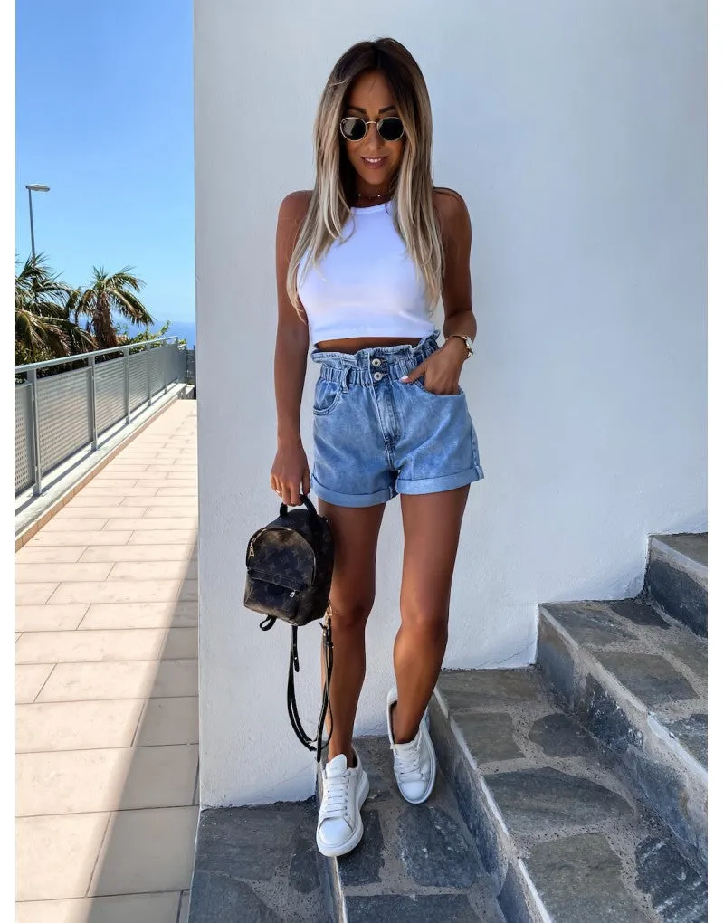 High-waist Button Curled Denim Shorts Jeans Hot Pants