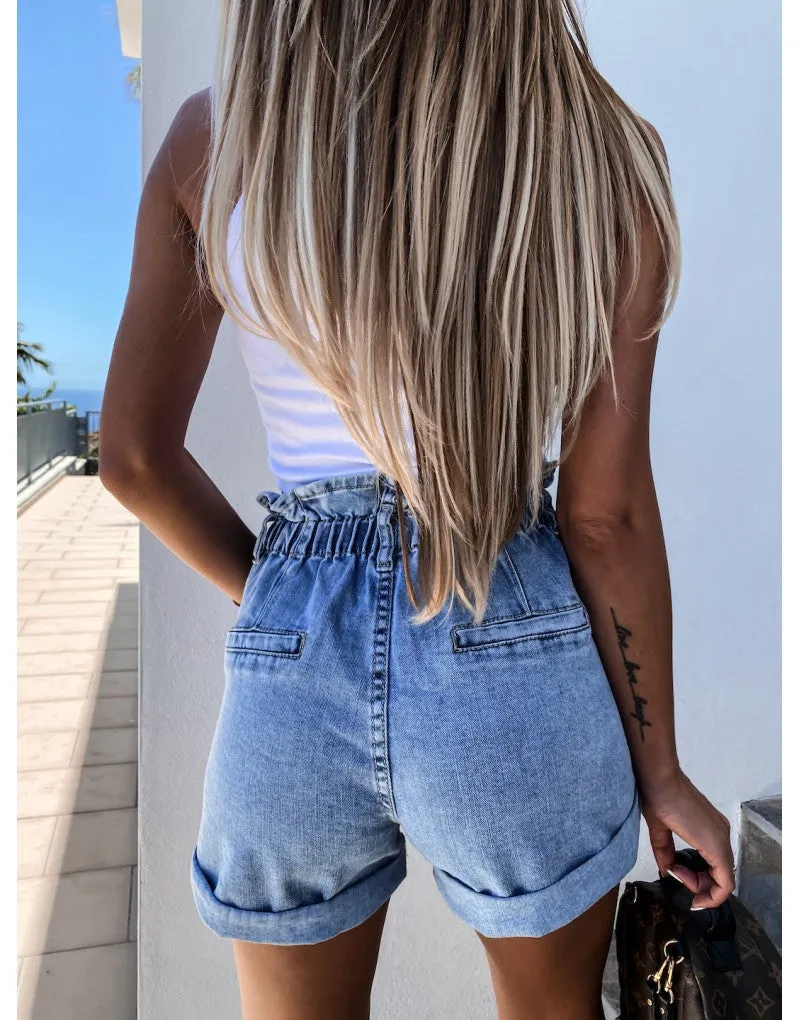 High-waist Button Curled Denim Shorts Jeans Hot Pants