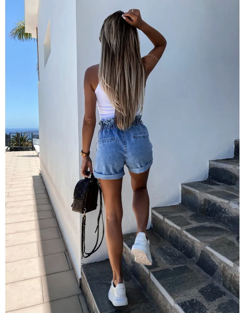 High-waist Button Curled Denim Shorts Jeans Hot Pants
