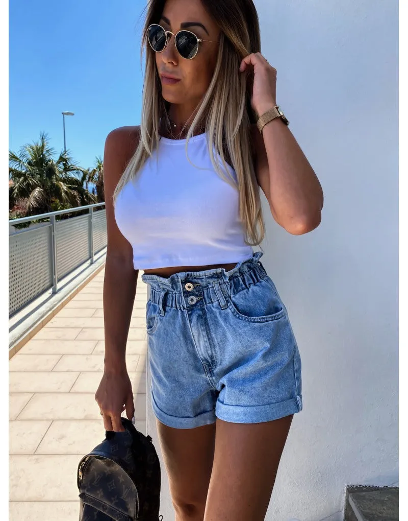 High-waist Button Curled Denim Shorts Jeans Hot Pants