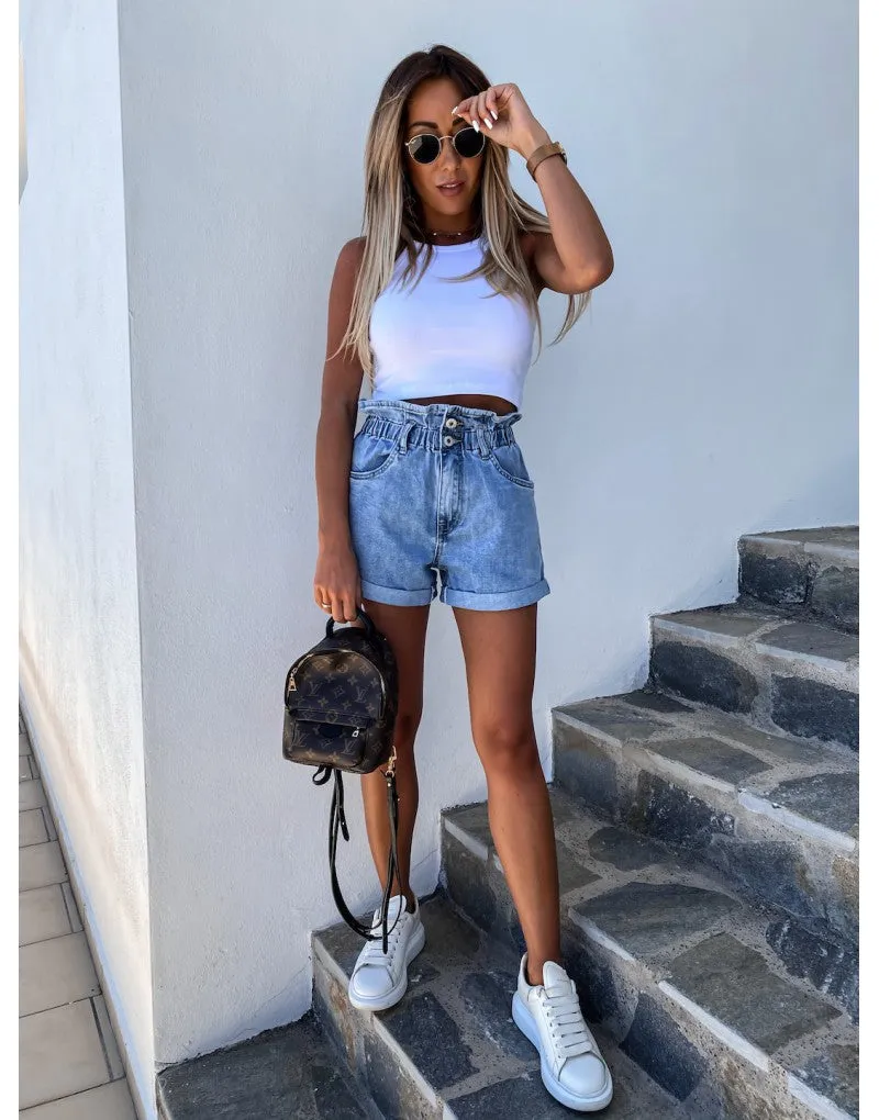 High-waist Button Curled Denim Shorts Jeans Hot Pants