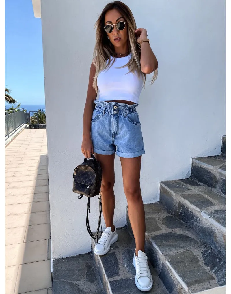 High-waist Button Curled Denim Shorts Jeans Hot Pants