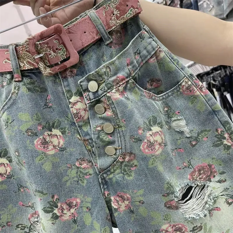 High Waist Ripped Floral Pattern Denim Shorts