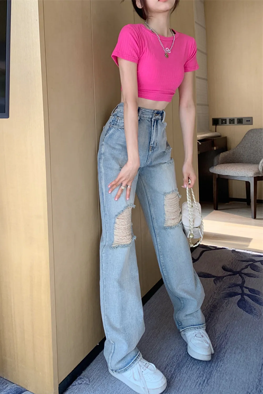High Waist Ripped Loose Jeans Pants