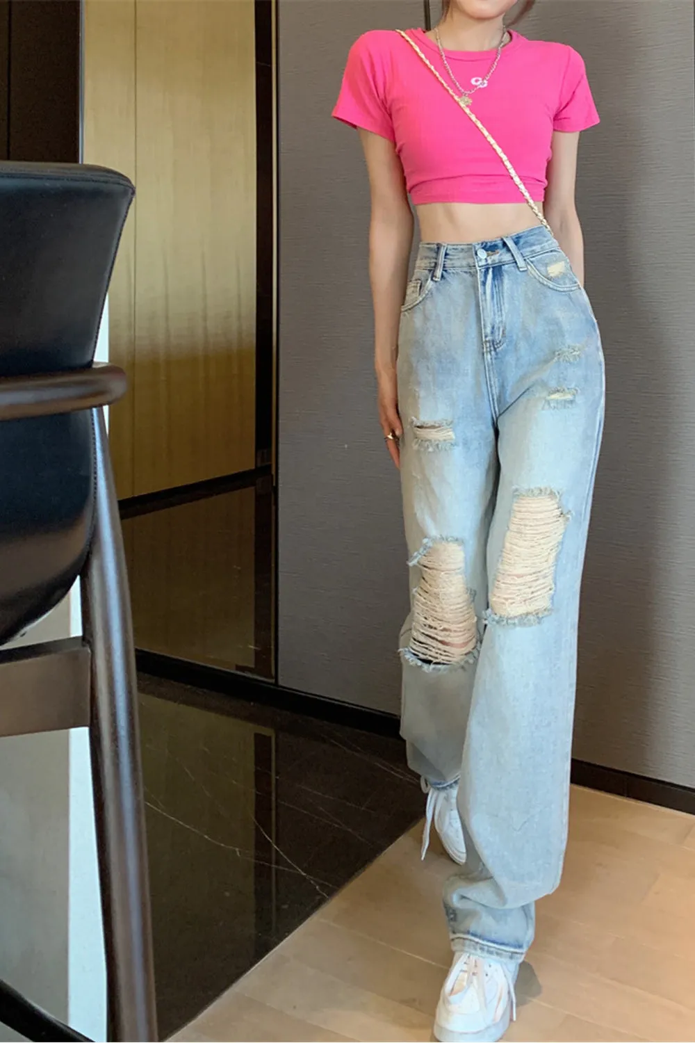 High Waist Ripped Loose Jeans Pants